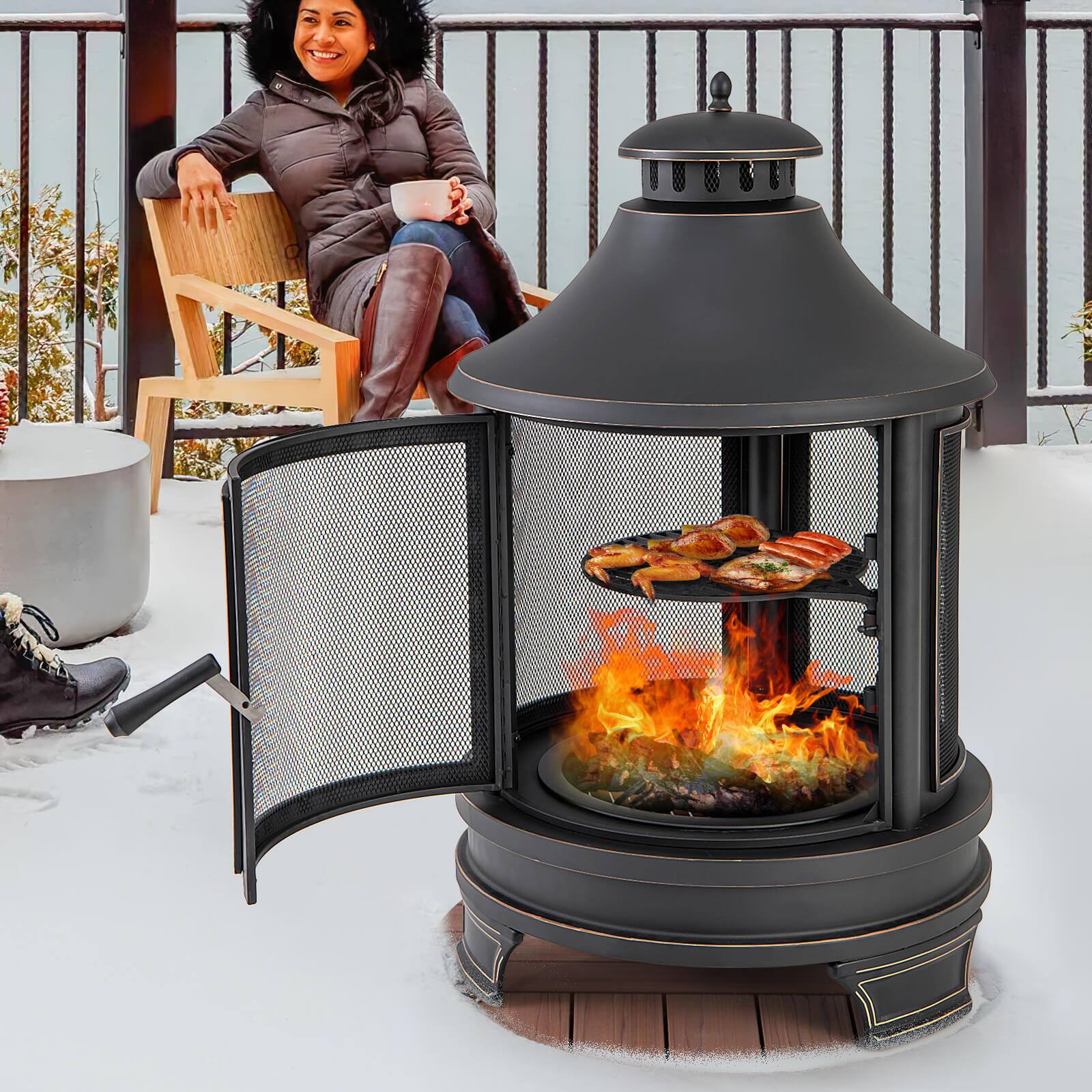 Alt View 13. Costway - 30 Inch Outdoor Fire Pit Chiminea w/ Grill Chimney Spark Screen Door Fire Poker - Black.