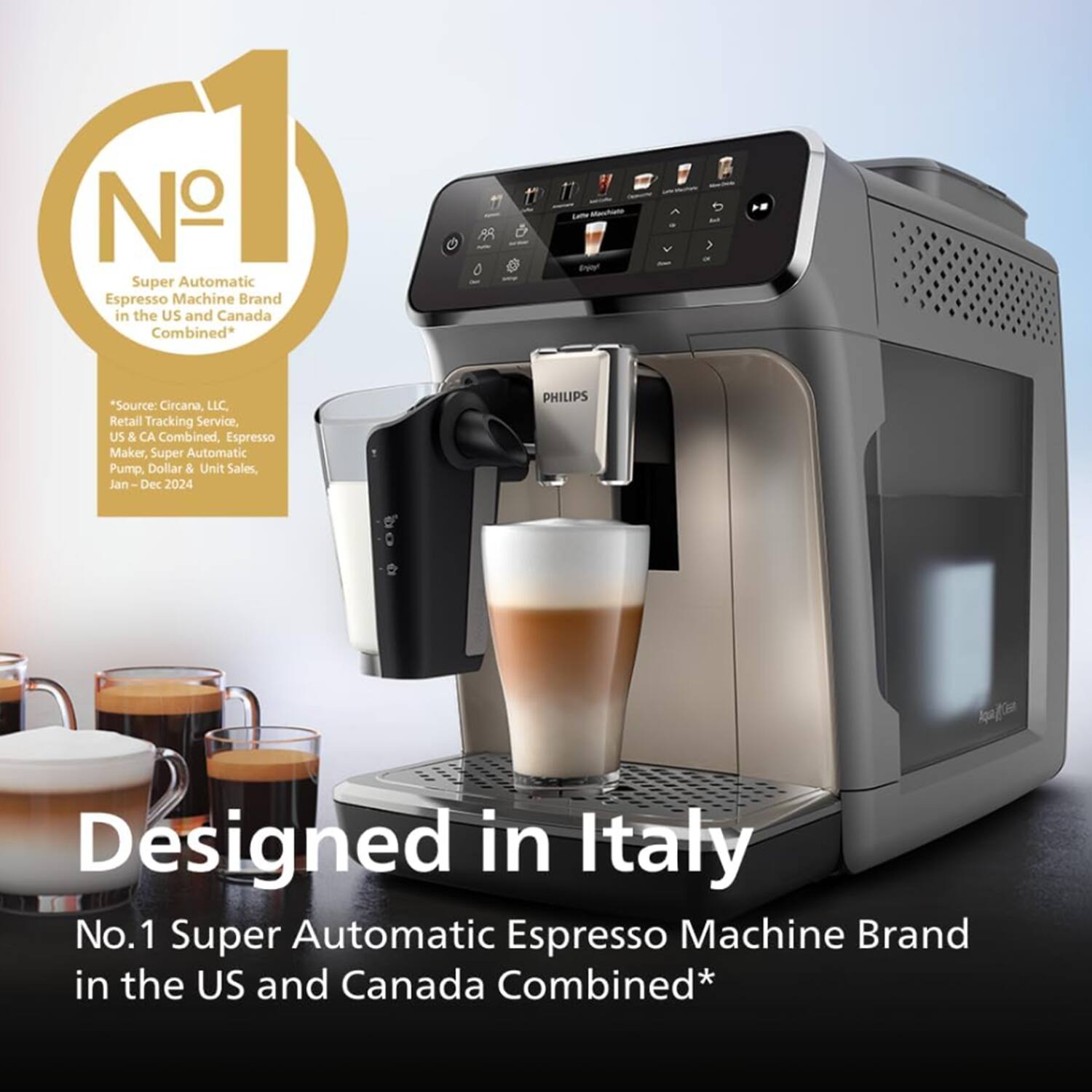 1 Super Automatic Espresso Machine Brand in the US and Canada Combined  
Source: Circana, LLC. Retail Tracking Service, US & CA Combined, Espresso Maker, Super Automatic Pump, Dollar & Unit Sales, Jan-Dec 2024  
PHILIPS Apafoe  
Designed in Italy  
No. 1 Super Automatic Espresso Machine Brand in the US and Canada Combined*