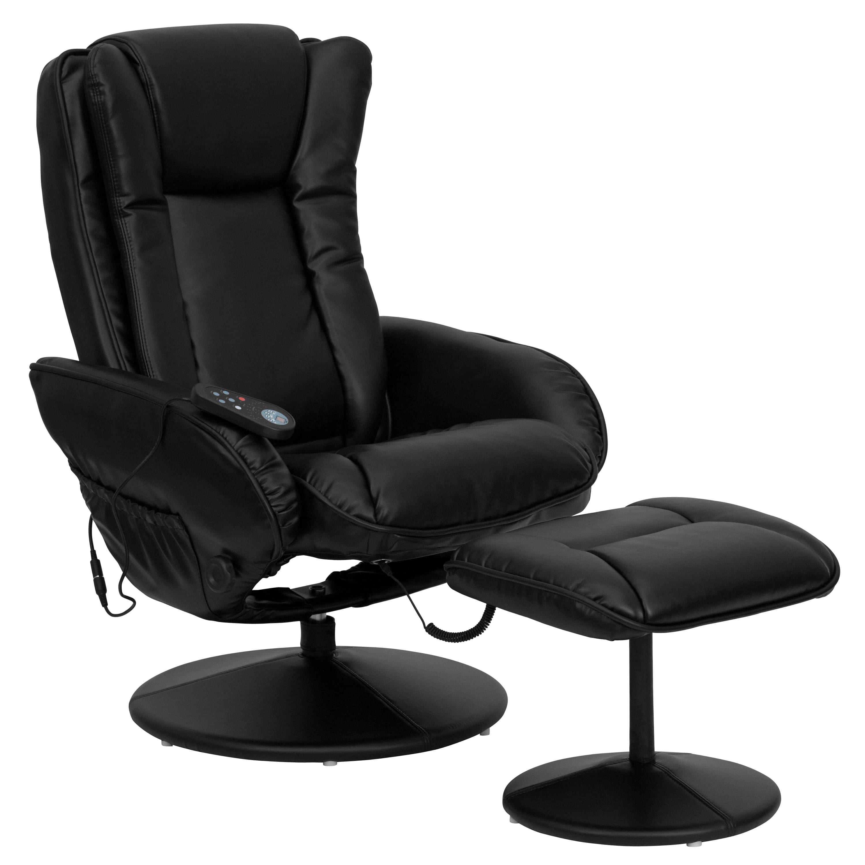 Emma + Oliver - Massaging Multi-Position Plush Recliner with Side Pocket and Ottoman - Black