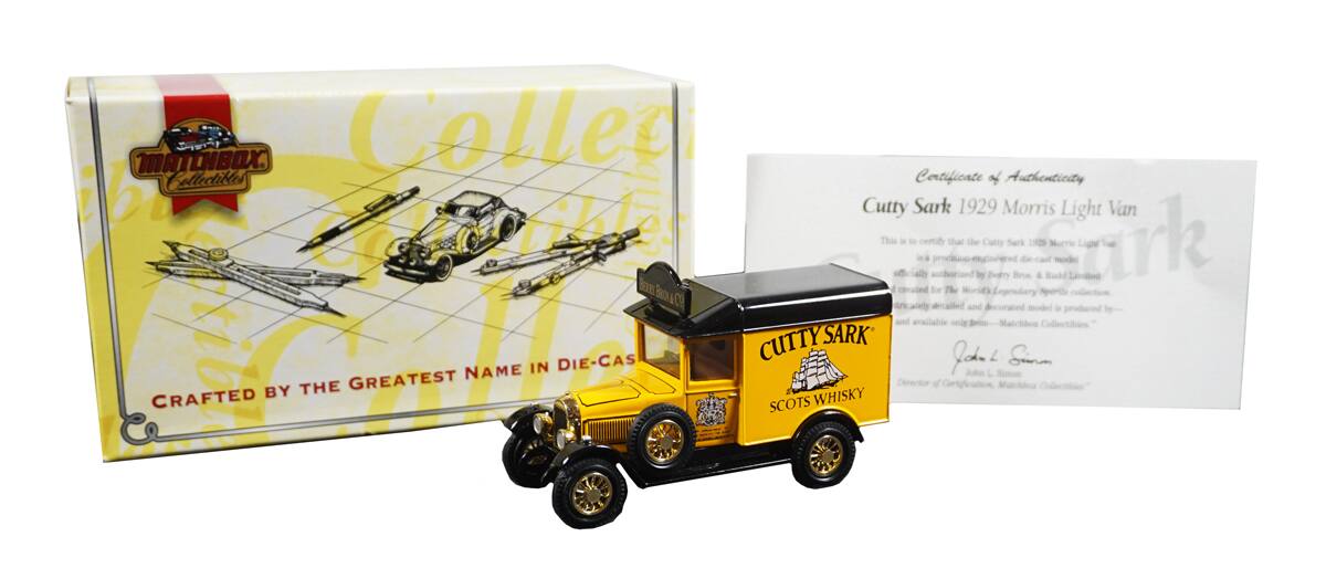 MATCHBOX Collectibles  
Certificate of Authenticity  
Cutty Sark 1929 Morris Light Van  

This is to certify that the Cutty Sark 1929 Morris Light Van is an officially licensed product of the Cutty Sark Trust. This model is produced and available only through Matchbox Collectibles.  

CUTTY SARK  
SCOTCH WHISKY  

Crafted by the greatest name in die-cast  

Certificate of Authenticity  
Cutty Sark 1929 Morris Light Van  

This is to certify that the Cutty Sark 1929 Morris Light Van is an officially licensed product of the Cutty Sark Trust. This model is produced and available only through Matchbox Collectibles.  

Director of Certification  
John Jobe  
Simon Motchha