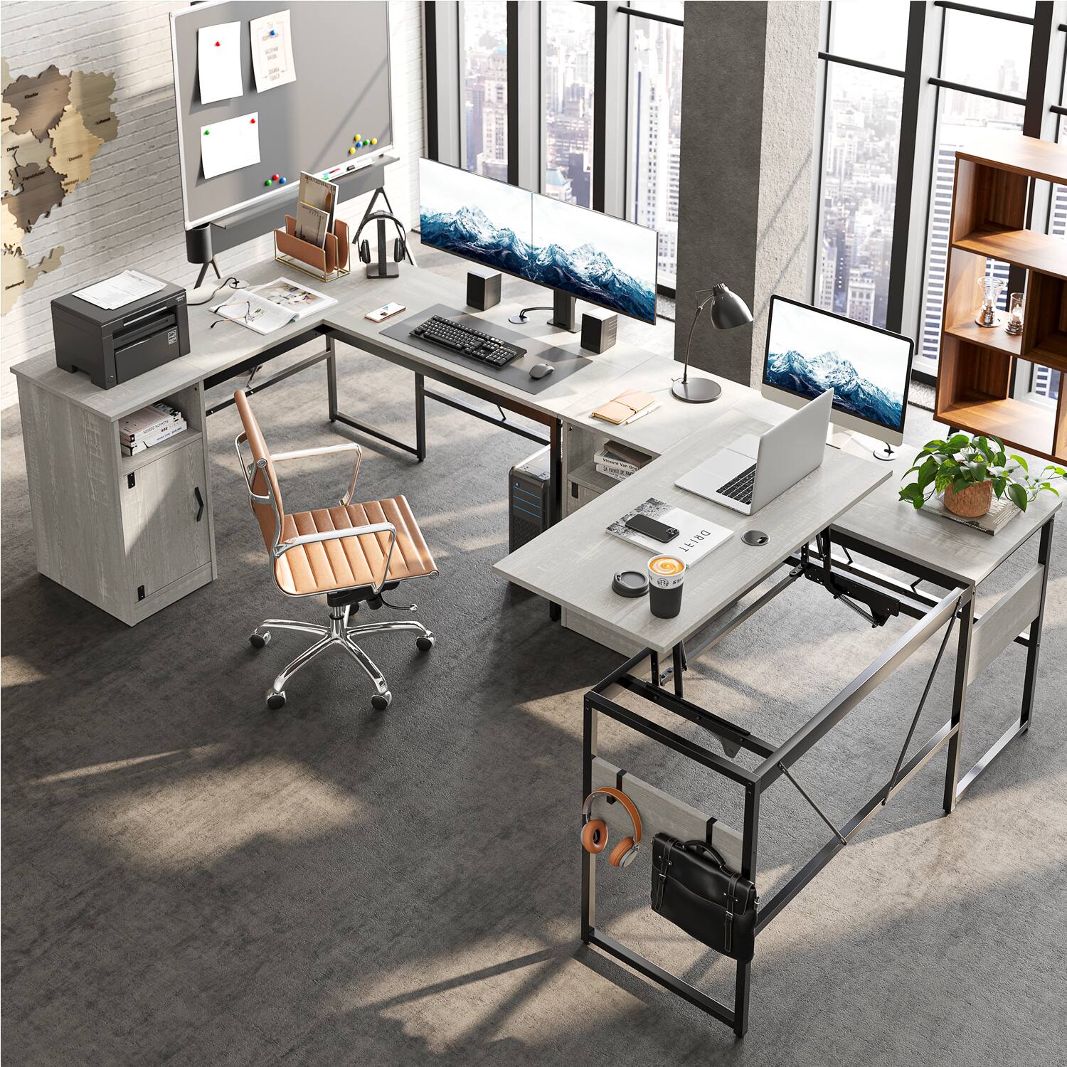 Alt View 12. Bestier - Standing L-Shaped Computer Desk with Storage Cabinet - White.