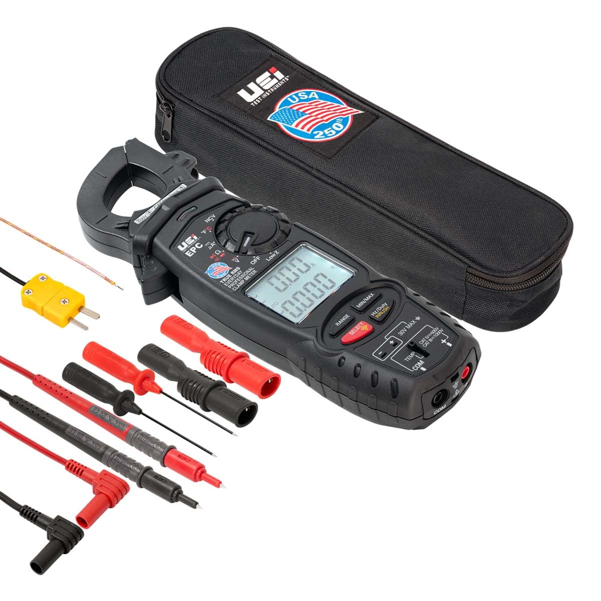 UEI TEST INSTRUMENTS USA 250th

NCV UEI EPC RA* D Lowz OFF RM5 METER 000 TRUE EVERYDAY CLAMP 0000 RANGE SELECT MIN/MAX / MAX 30V CAT WORTEEDS + TEMP COM

CE

COM CAN