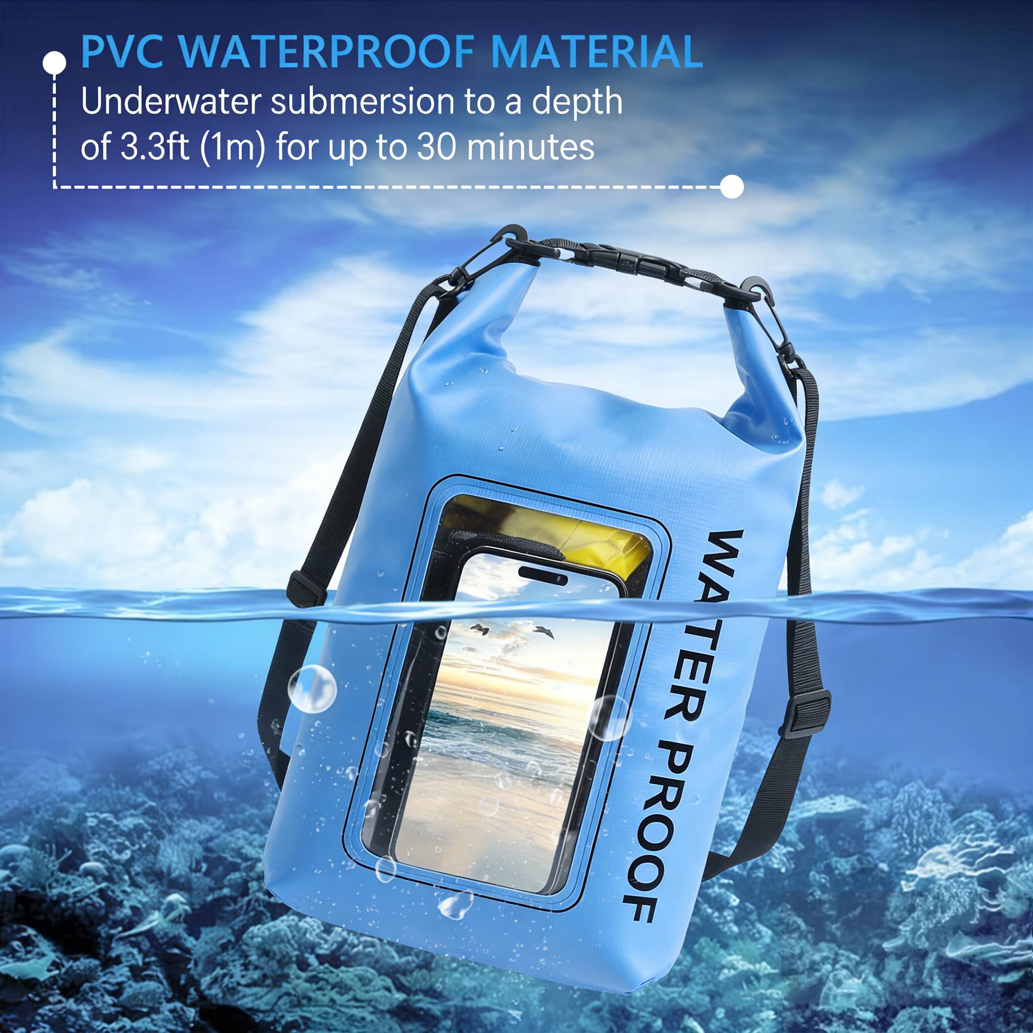 PVC WATERPROOF MATERIAL  
Underwater submersion to a depth of 3.3ft (1m) for up to 30 minutes