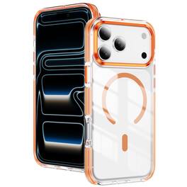 Dteck - Magnetic Case for Apple iPhone 17 Pro Max, Clear Shockproof Hybrid Protective Cover, Metal Camera Ring and Raised Edges - Orange