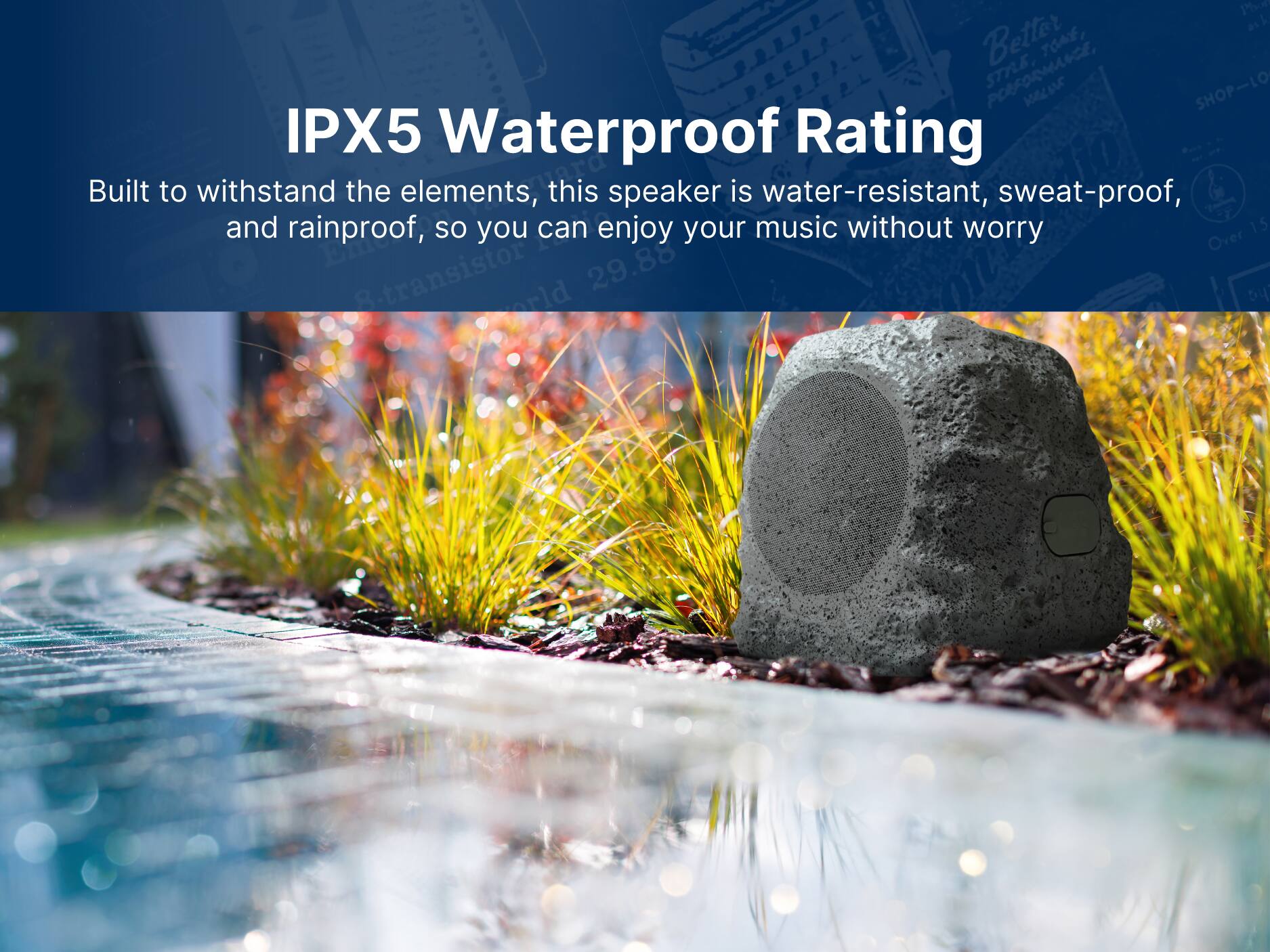 IPX5 Waterproof Rating, Built to withstand the elements, this speaker is water-resistant, sweat-proof, and rainproof, so you can enjoy your music without worry.