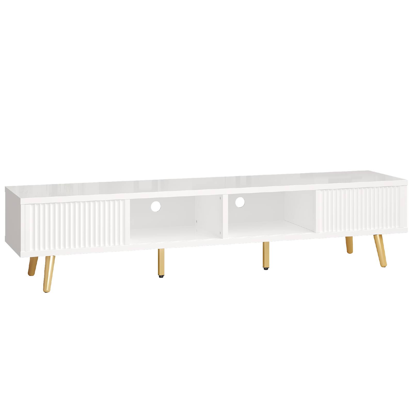 Angle. Bestier - 71-inch TV Stand with Sliding Fluted Doors and Adjustable Shelves, Modern Solid Wood Legs for Living Rooms - White.