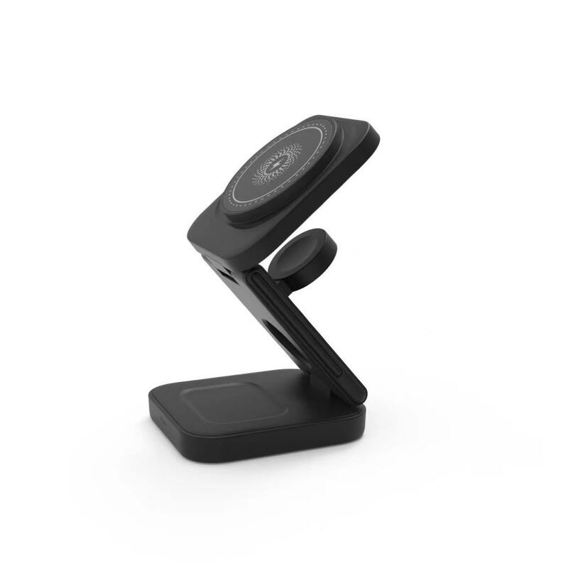 Left. RISOKEYS - MagSafe 3-in-1 Magnetic Wireless Charger - Foldable Power Adapter for Phone, Watch, and Earphone, 15W Charging Stand - Black.