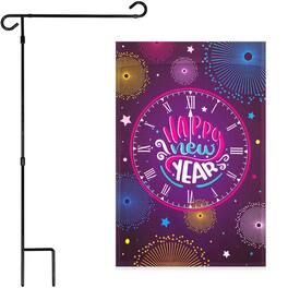 G128 - Combo Pack: Garden Flag Stand 36 x 16 in & Happy New Year Midnight Clock Flag 12 x 18 in - Assorted Colors