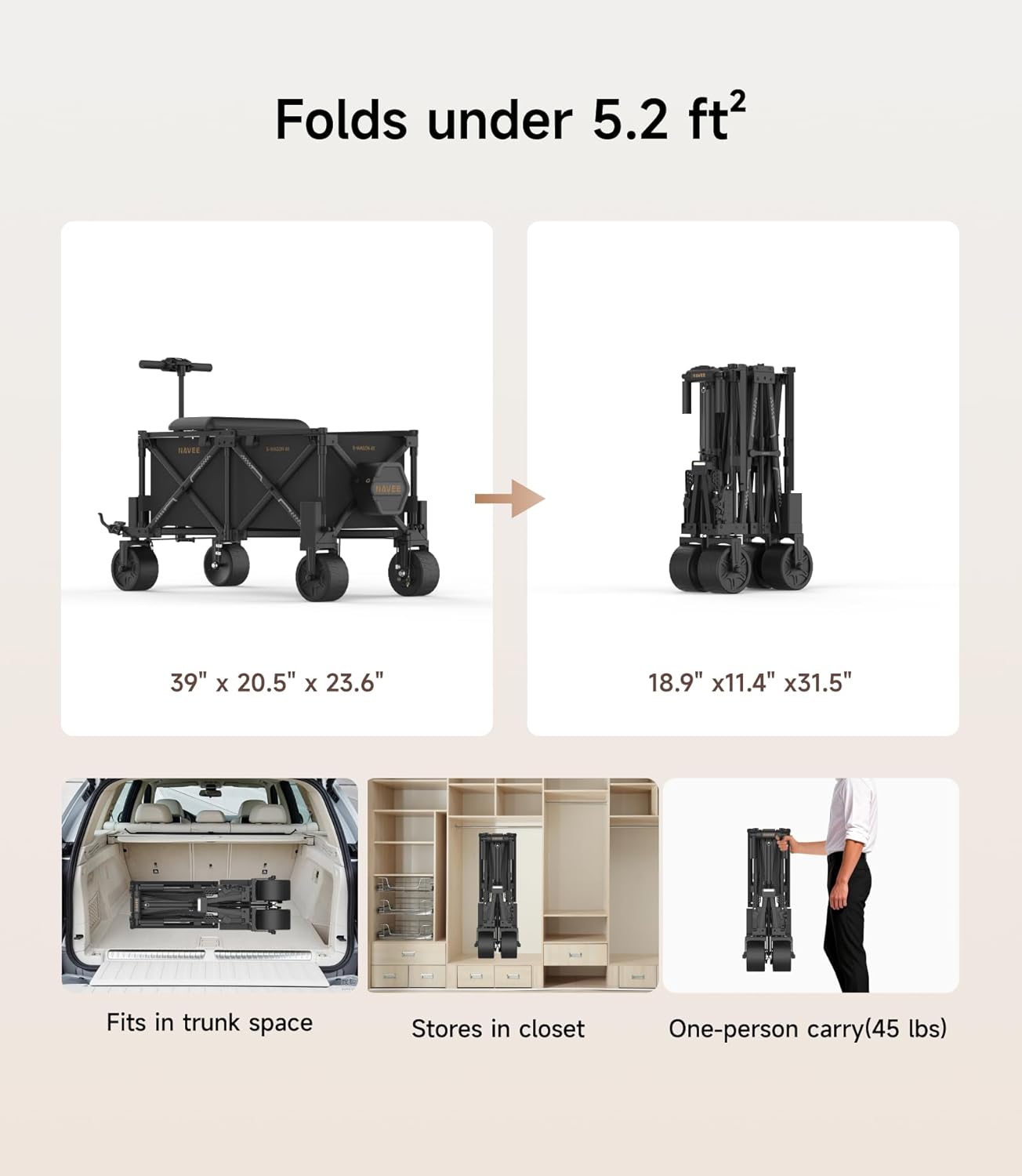 Folds under 5.2 ft²

39" x 20.5" x 23.6"

18.9" x 11.4" x 31.5"

Fits in trunk space

Stores in closet

One-person carry (45 lbs)