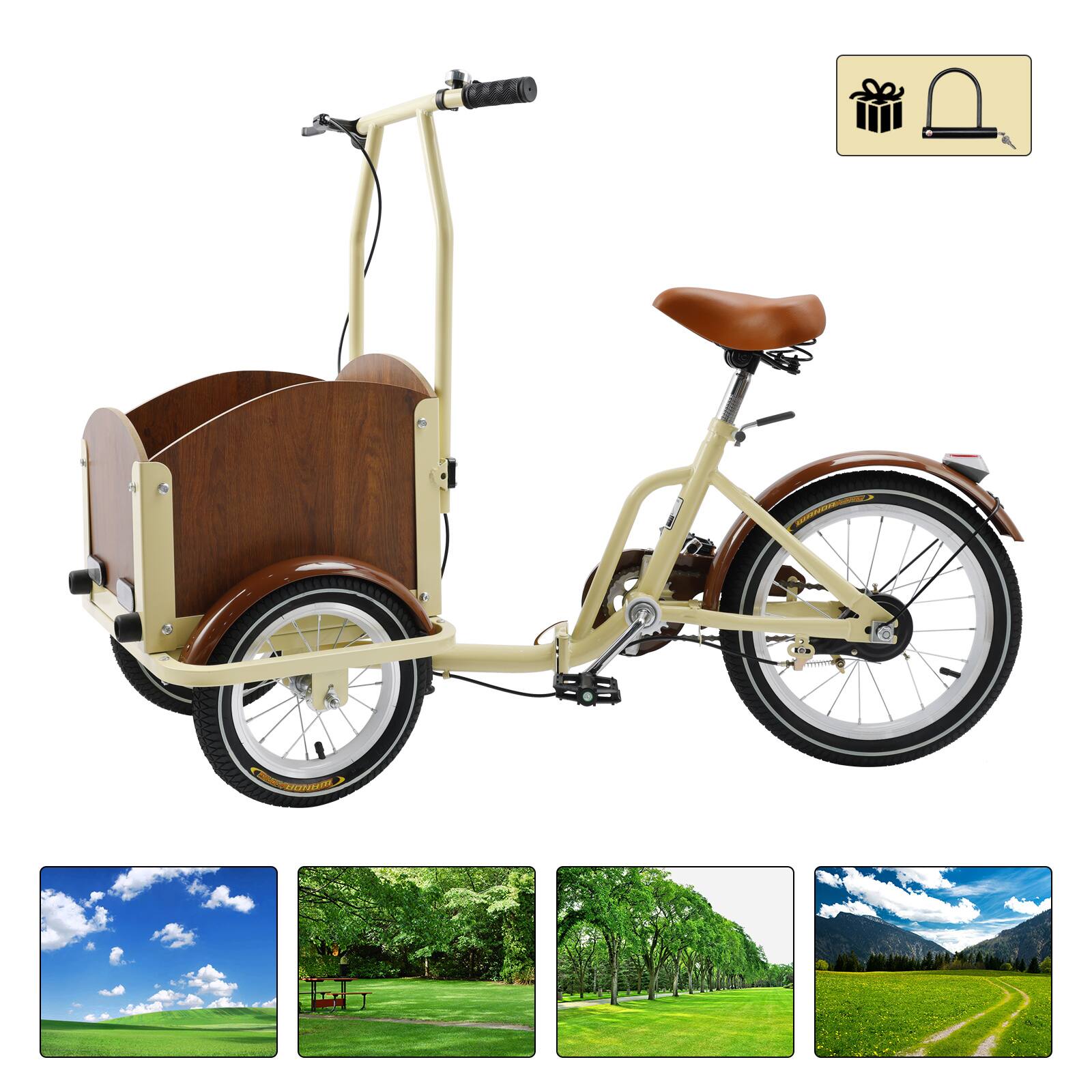 Left. Topteng - Kid Tricycle Three wheel bike Trike for Child, Boy, Girl, 16 Inch Wheels with Front Wood Cargo Rack for Small Pet, Beige - Cream.