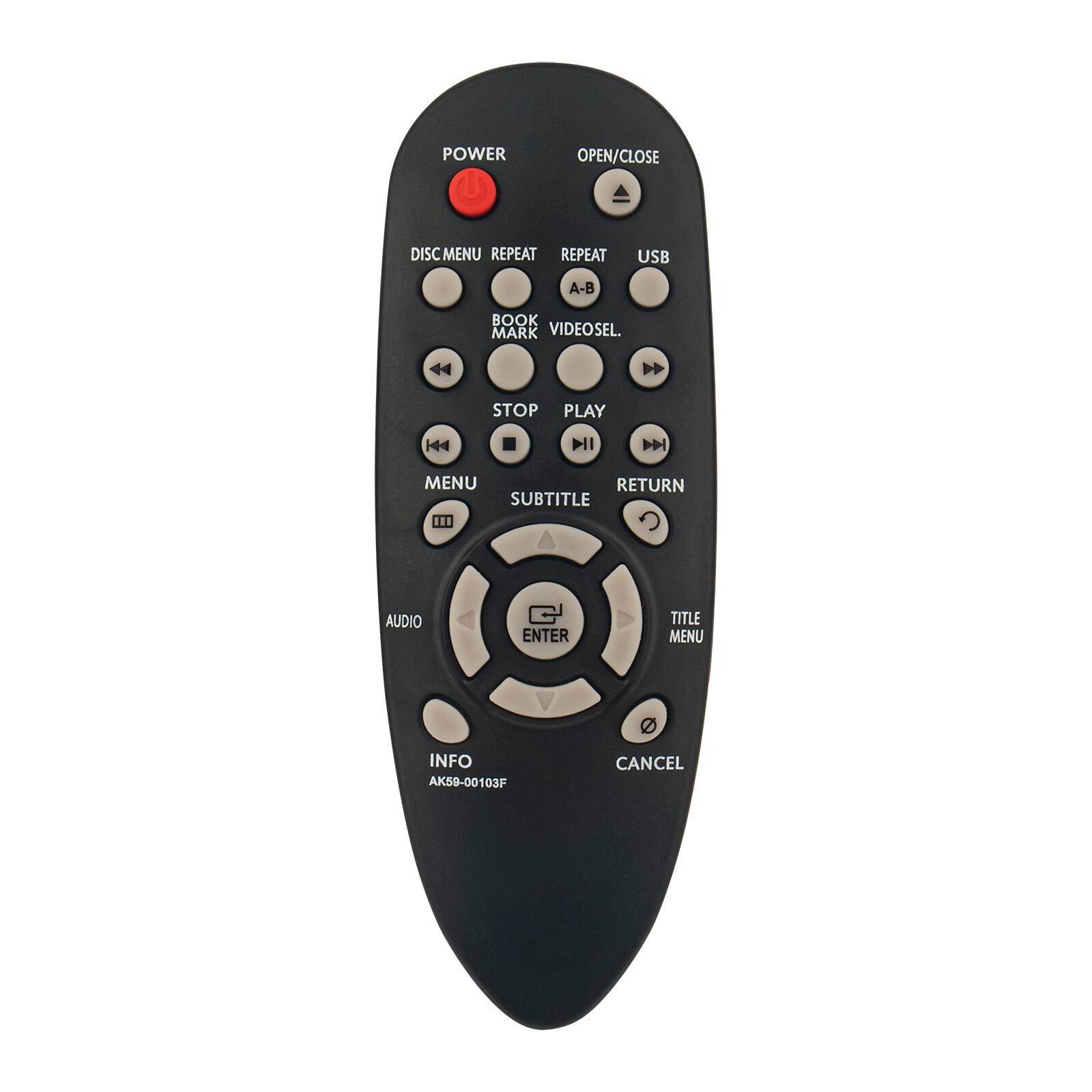 POWER  
OPEN/CLOSE  
DISC MENU REPEAT REPEAT  
USB  
A-B  
BOOK MARK VIDEOSEL.  

STOP PLAY  
MENU RETURN SUBTITLE  
AUDIO  
ENTER  
TITLE MENU  

INFO AK59-00103F  
CANCEL