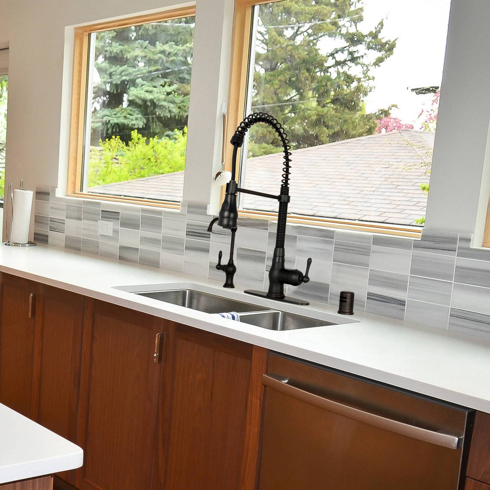 Alt View 4. Akicon - Akicon Solid Brass Pre-Rinse Spring Single Handle Kitchen Faucet with Pull Down Sprayer in Oil Rubbed Bronze - Oil Rubbed Bronze.
