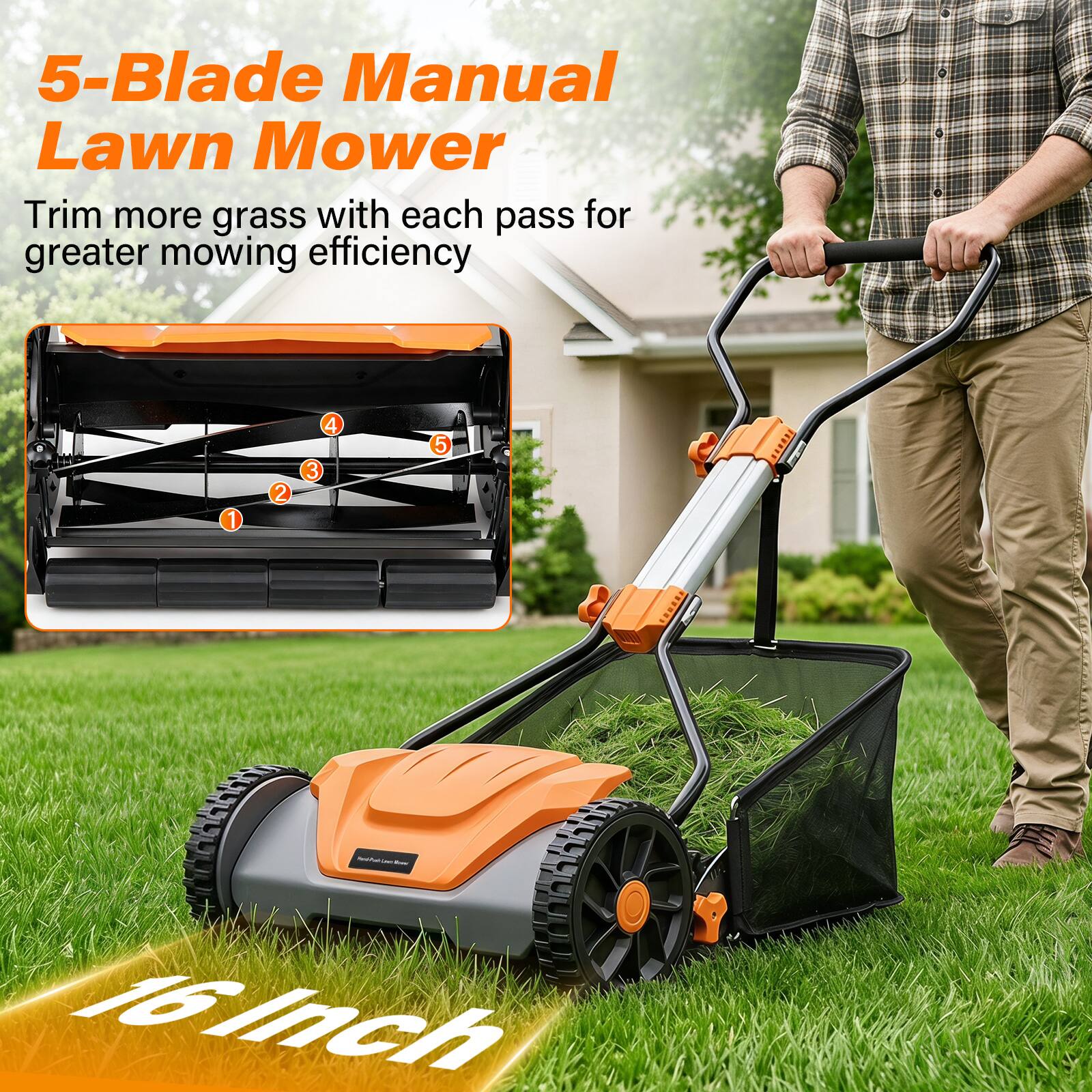 5-Blade Manual Lawn Mower  
Trim more grass with each pass for greater mowing efficiency  

1  
2  
3  
4  
5  

16 Inch