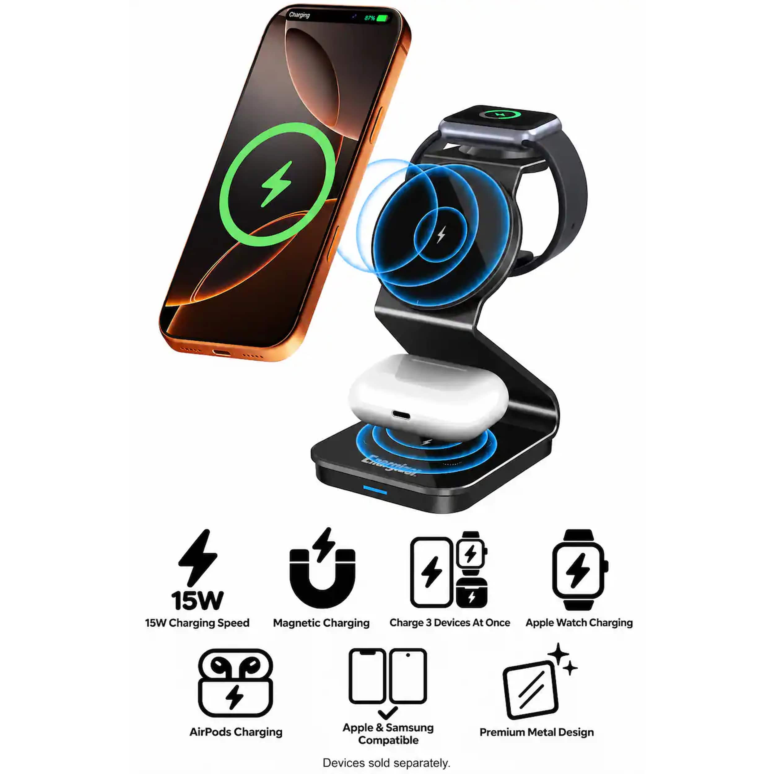 Energizer - 3-in-1 Metal 15W Magnetic MagSafe/Qi2 15W, Universal Charging Station/Stand for Phones + AirPods + Apple Watch - Black