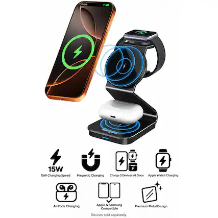 Charging
87%
Energies.
15W 15W Charging Speed
Magnetic Charging
Charge 3 Devices At Once
Apple Watch Charging
AirPods Charging
Apple & Samsung Compatible
Premium Metal Design
Devices sold separately.