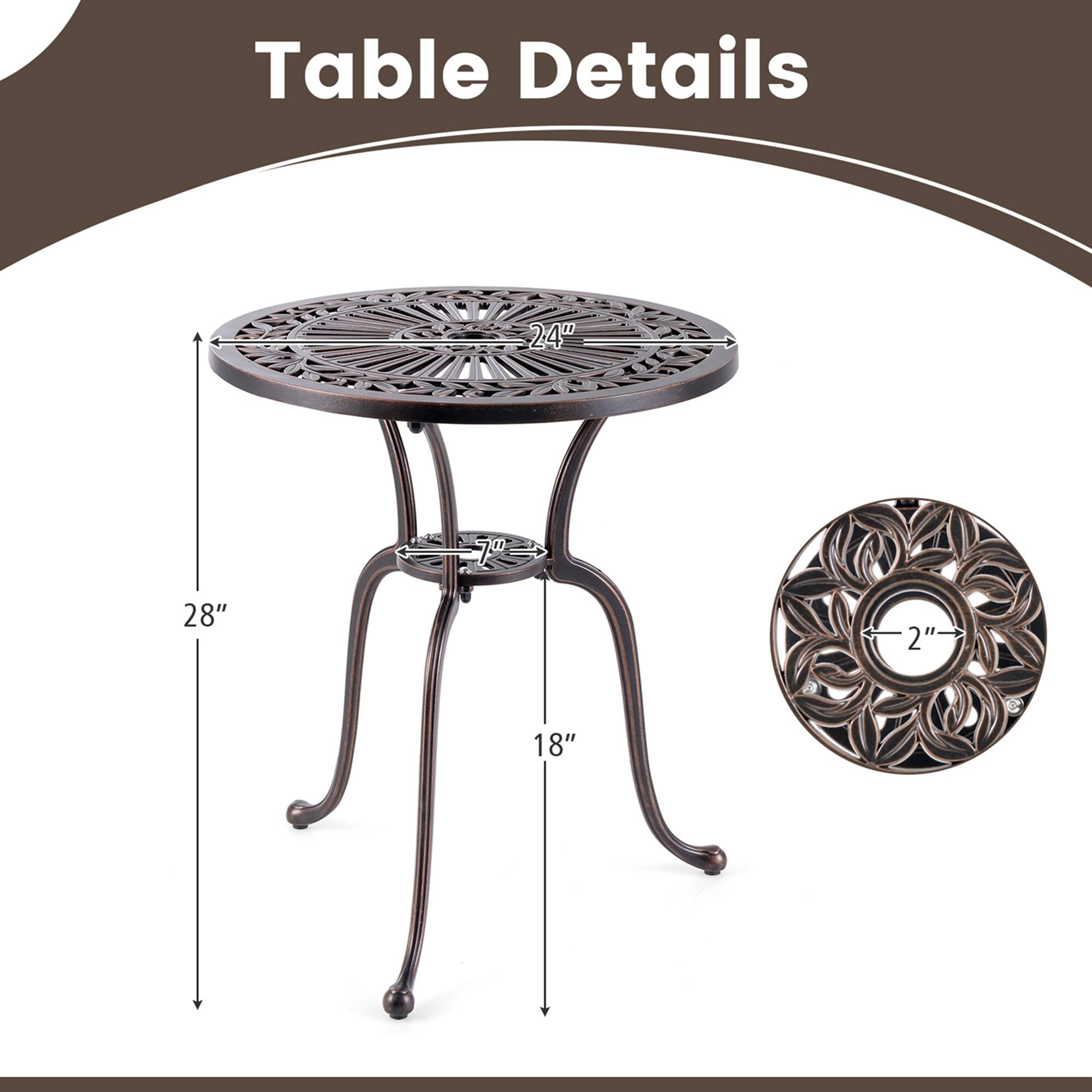 Table Details: 24" in diameter, 7" in height, 28" in diameter, 2" in diameter, 18" in diameter.