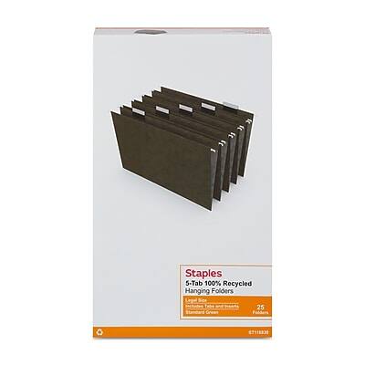 Staples  
5-Tab 100% Recycled Hanging Folders  
Letter Size  
25 Standard Green Folders  
ST118830