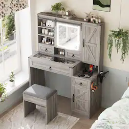 Loheer - Farmhouse Vanity Desk with LED Mirror, Vanity Set with Stool - Gray