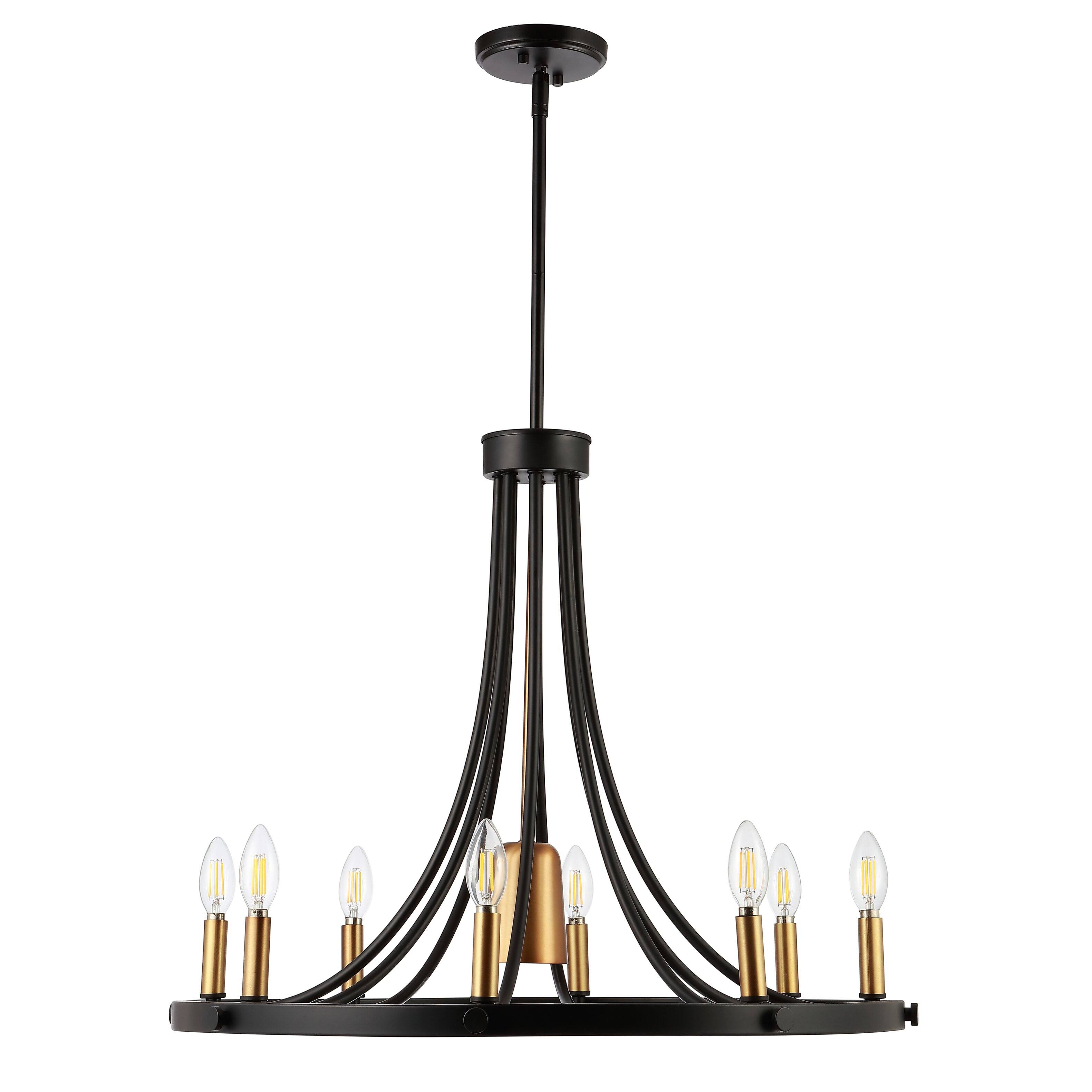 Alt View 8. Jonathan Y - Dante 26.75" 9-Light Transitional Modern Iron Adjustable Wagon Wheel LED Chandelier with Downlight, Black/Brass Gold - Black/Brass Gold.