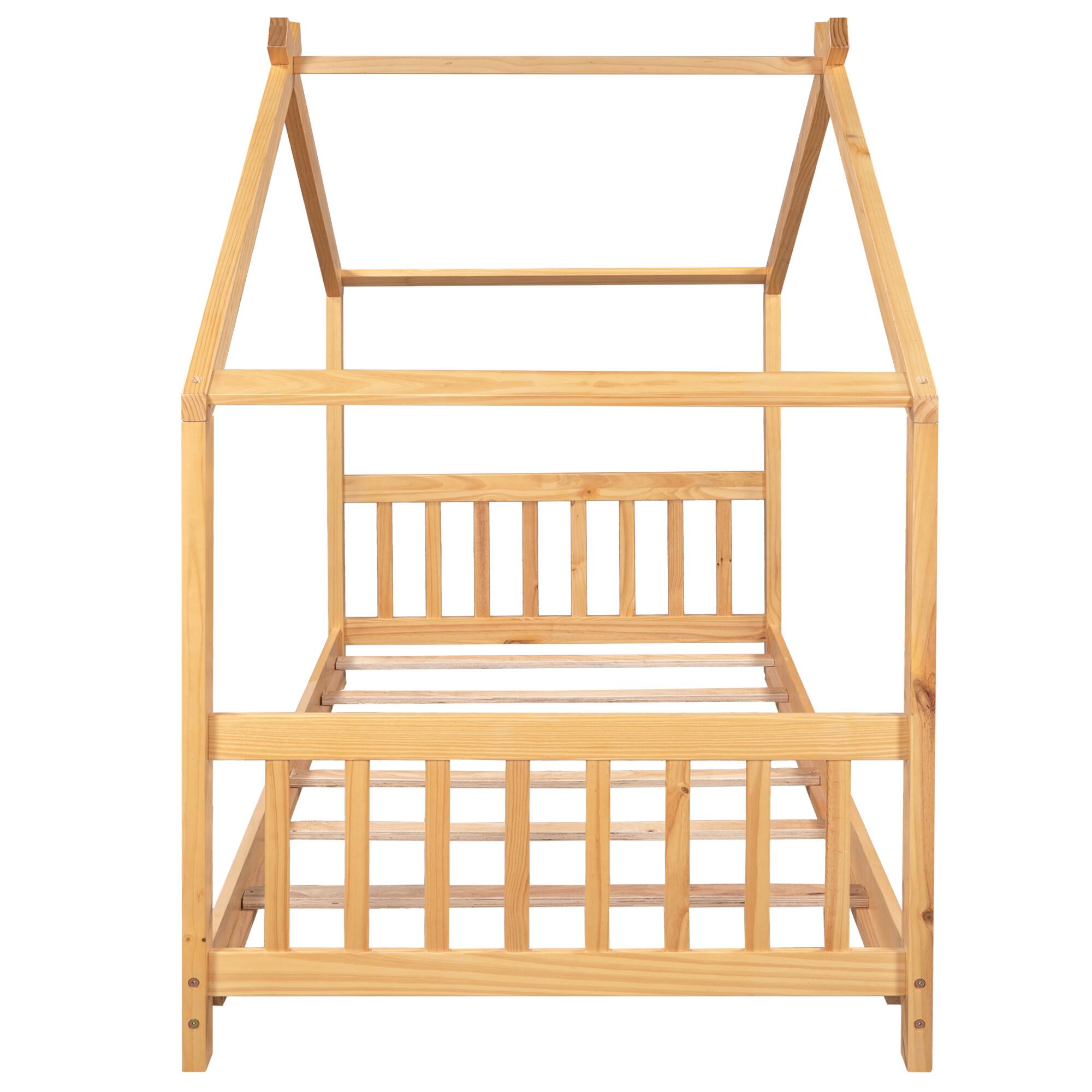 Alt View 2. Spaco - Spaco Twin House Bed with Roof Headboard, Low Platform Design, Solid Pine Wood Frame and Easy Assembly for Kids Room - Natural.