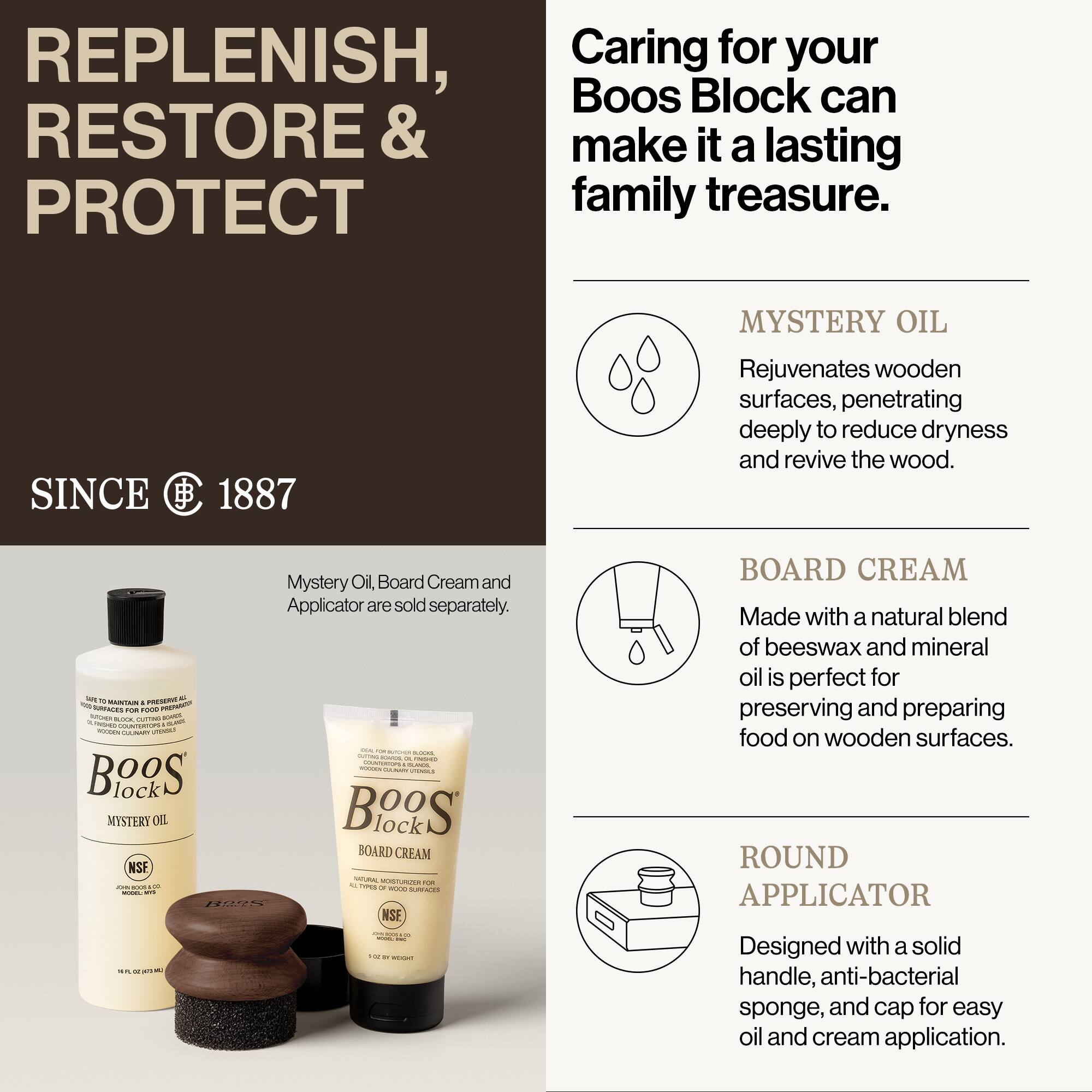REPLENISH, RESTORE & PROTECT

SINCE 1887

Caring for your Boos Block can make it a lasting family treasure.

MYSTERY OIL
Rejuvenates wooden surfaces, penetrating deeply to reduce dryness and revive the wood.

BOARD CREAM
Made with a natural blend of beeswax and mineral oil is perfect for preserving and preparing food on wooden surfaces.

ROUND APPLICATOR
Designed with a solid handle, anti-bacterial sponge, and cap for easy oil and cream application.

Mystery Oil, Board Cream and Applicator are sold separately.