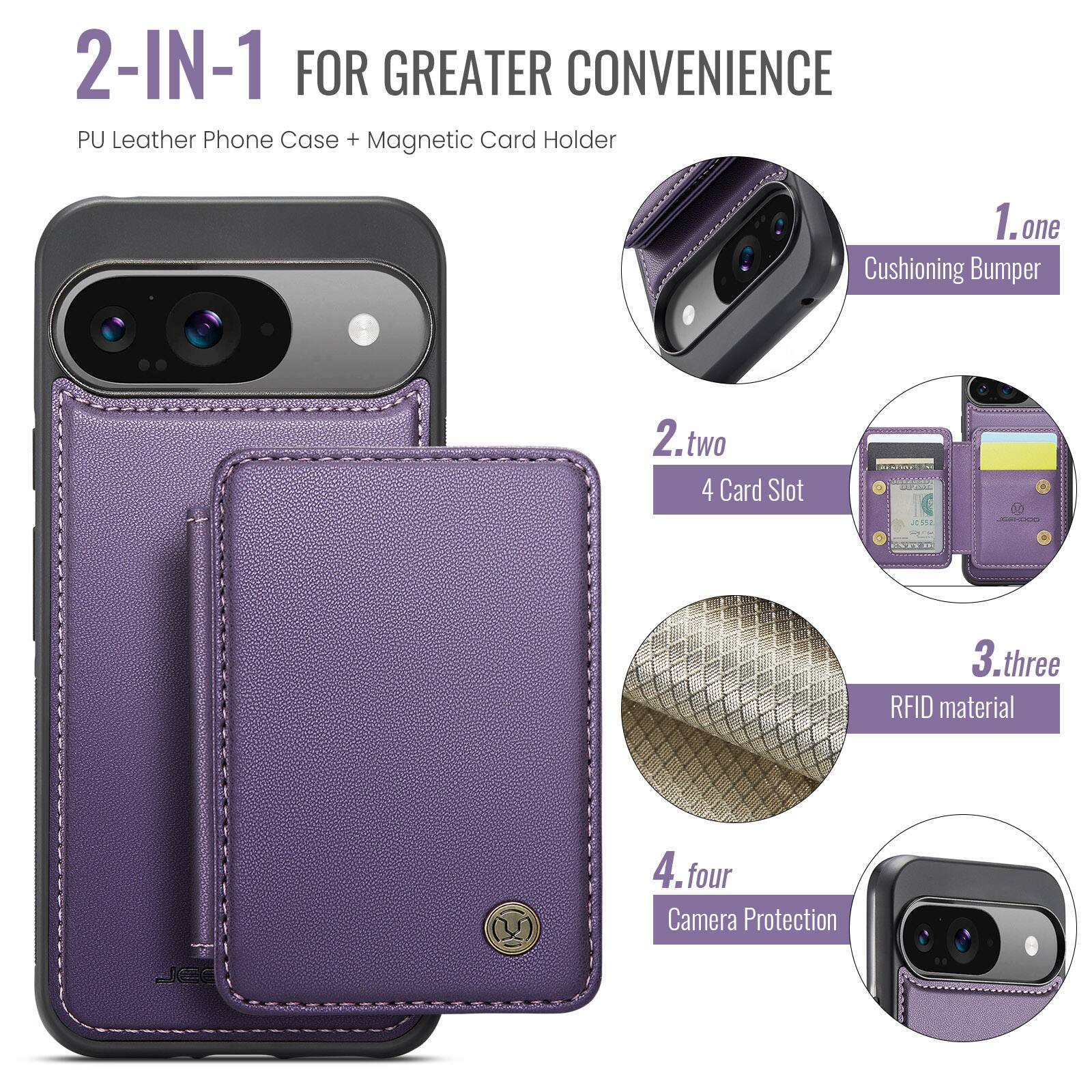 2-IN-1 FOR GREATER CONVENIENCE  
PU Leather Phone Case + Magnetic Card Holder  

1. one  
Cushioning Bumper  

2. two  
4 Card Slot  

3. three  
RFID material  

4. four  
Camera Protection