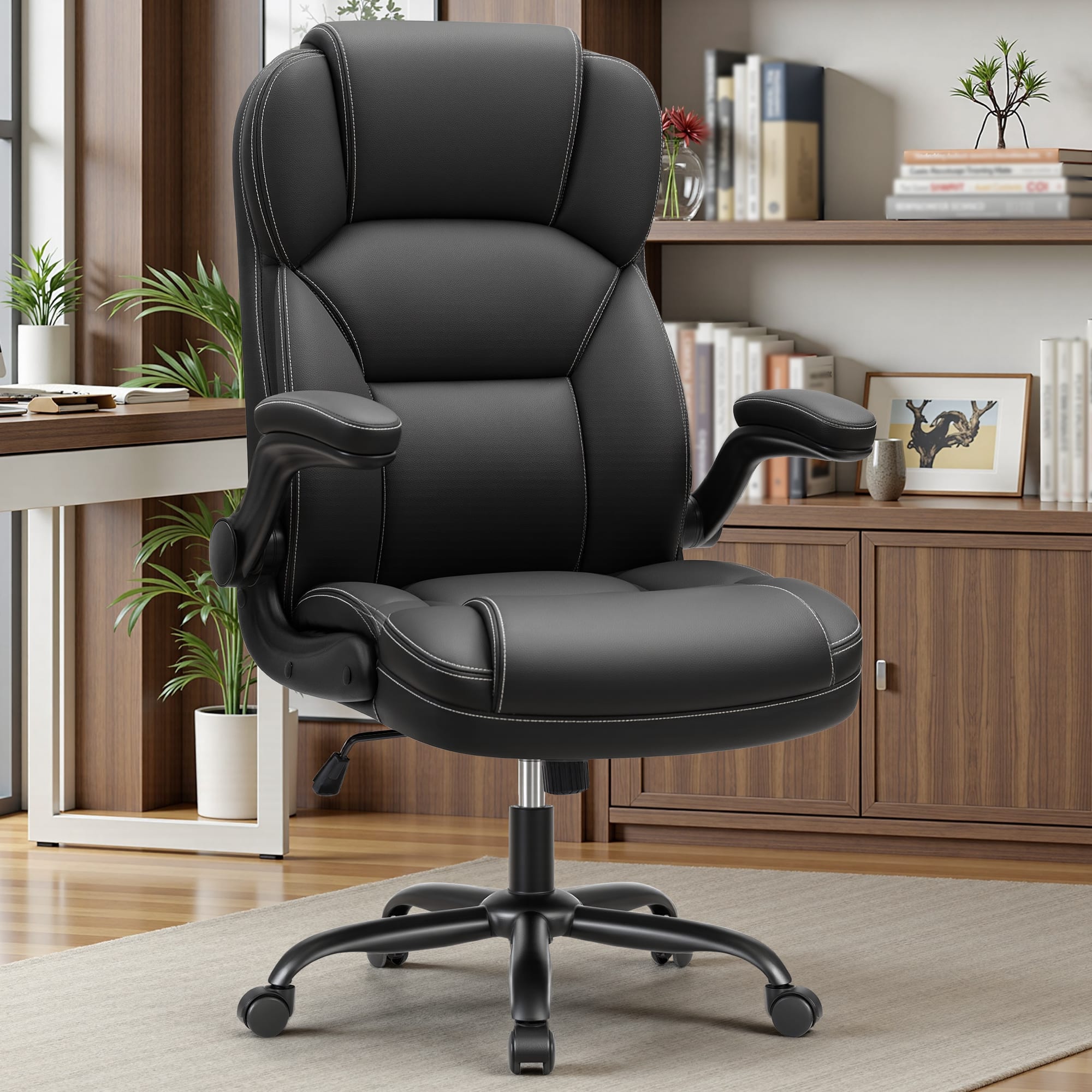 Brick Attic - PU Leather Executive Office Chair with Flip-Up Armrests, Ergonomic High-Back Gaming Chair with Adjustable Height - Black