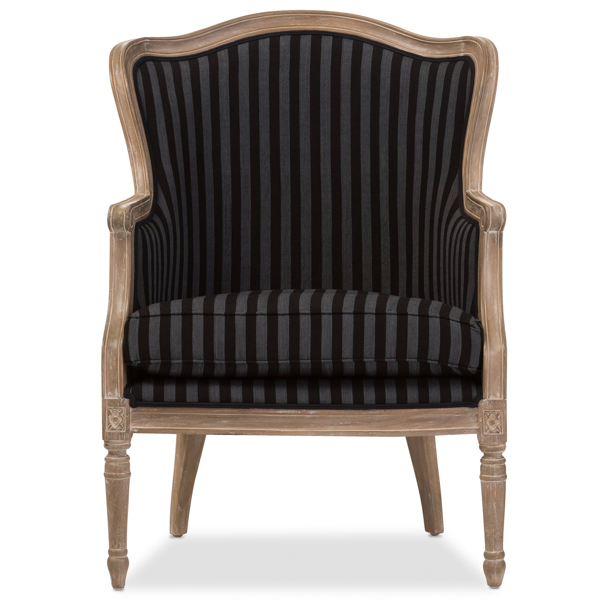 Angle. Baxton Studio - Charlemagne Traditional French and Striped Accent Chair - Black/Grey Stripes.