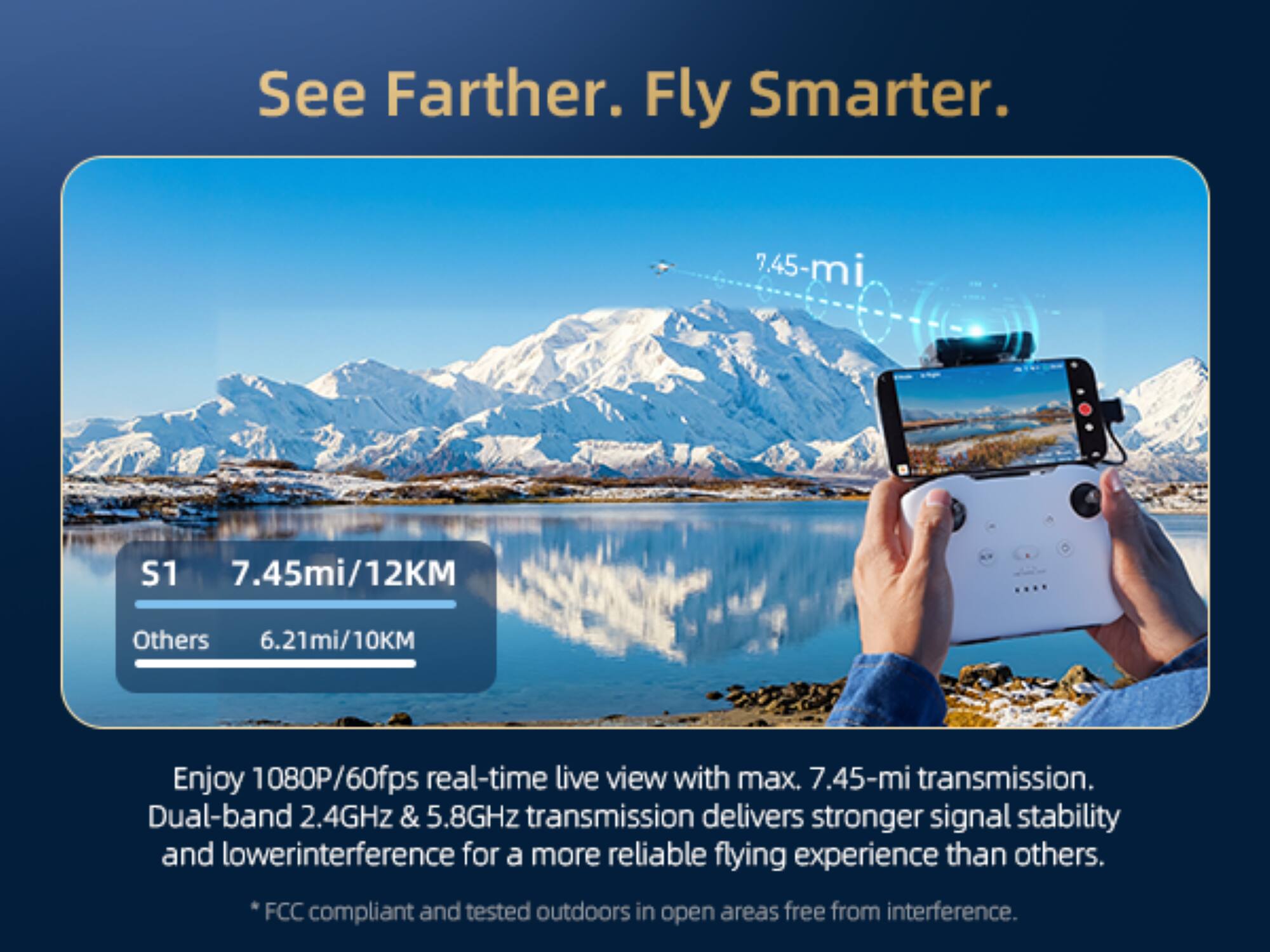 See Farther. Fly Smarter.

S1  
7.45mi/12KM  
Others  
6.21mi/10KM

Enjoy 1080P/60fps real-time live view with max. 7.45-mi transmission.  
Dual-band 2.4GHz & 5.8GHz transmission delivers stronger signal stability and lower interference for a more reliable flying experience than others.  
FCC compliant and tested outdoors in open areas free from interference.