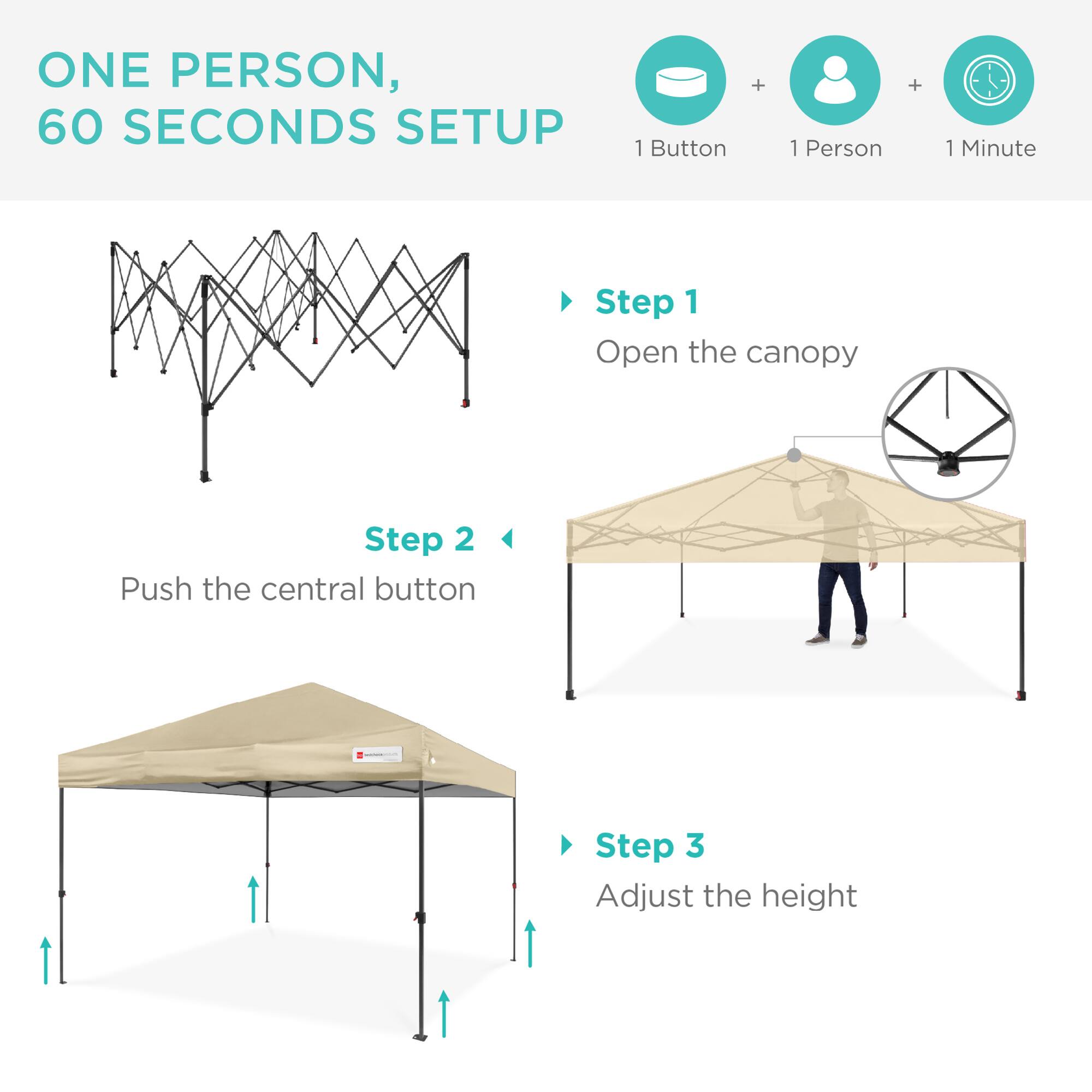 ONE PERSON, 60 SECONDS SETUP

1 Button + 1 Person + 1 Minute

Step 1
Open the canopy

Step 2
Push the central button

Step 3
Adjust the height