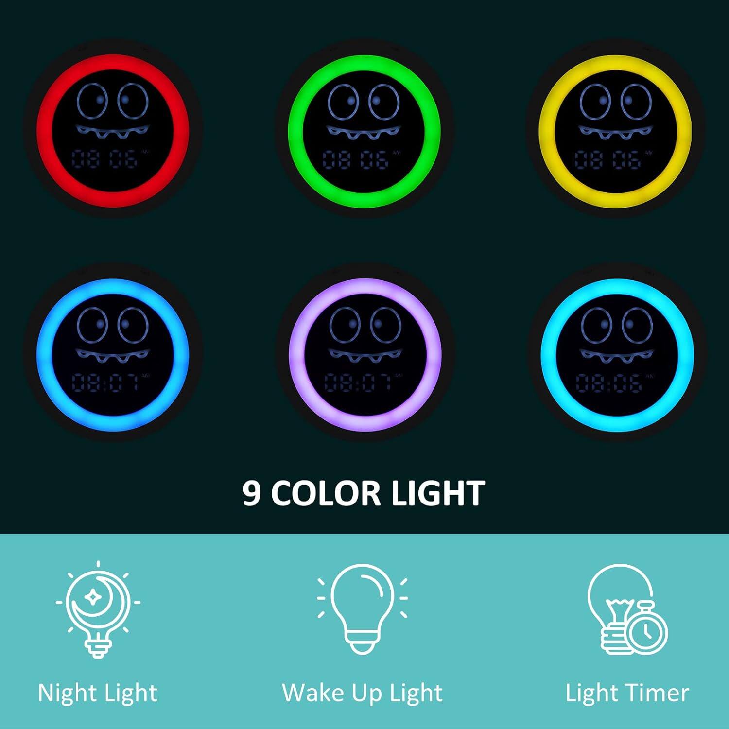 08 06 08 06 08:0% 08:0%- 08:06 9 COLOR LIGHT Night Light Wake Up Light Light Timer