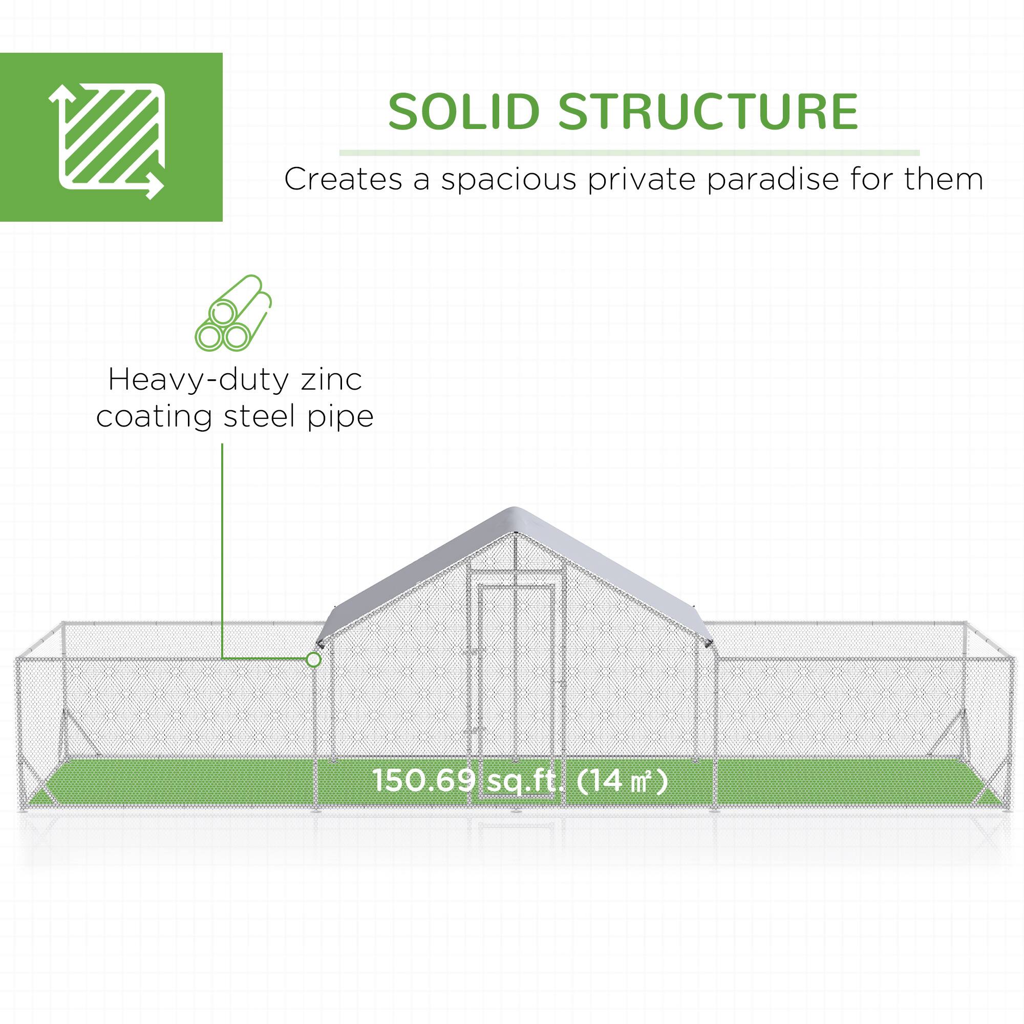 SOLID STRUCTURE  
Creates a spacious private paradise for them  

Heavy-duty zinc coating steel pipe  

150.69 sq.ft. (14 m²)