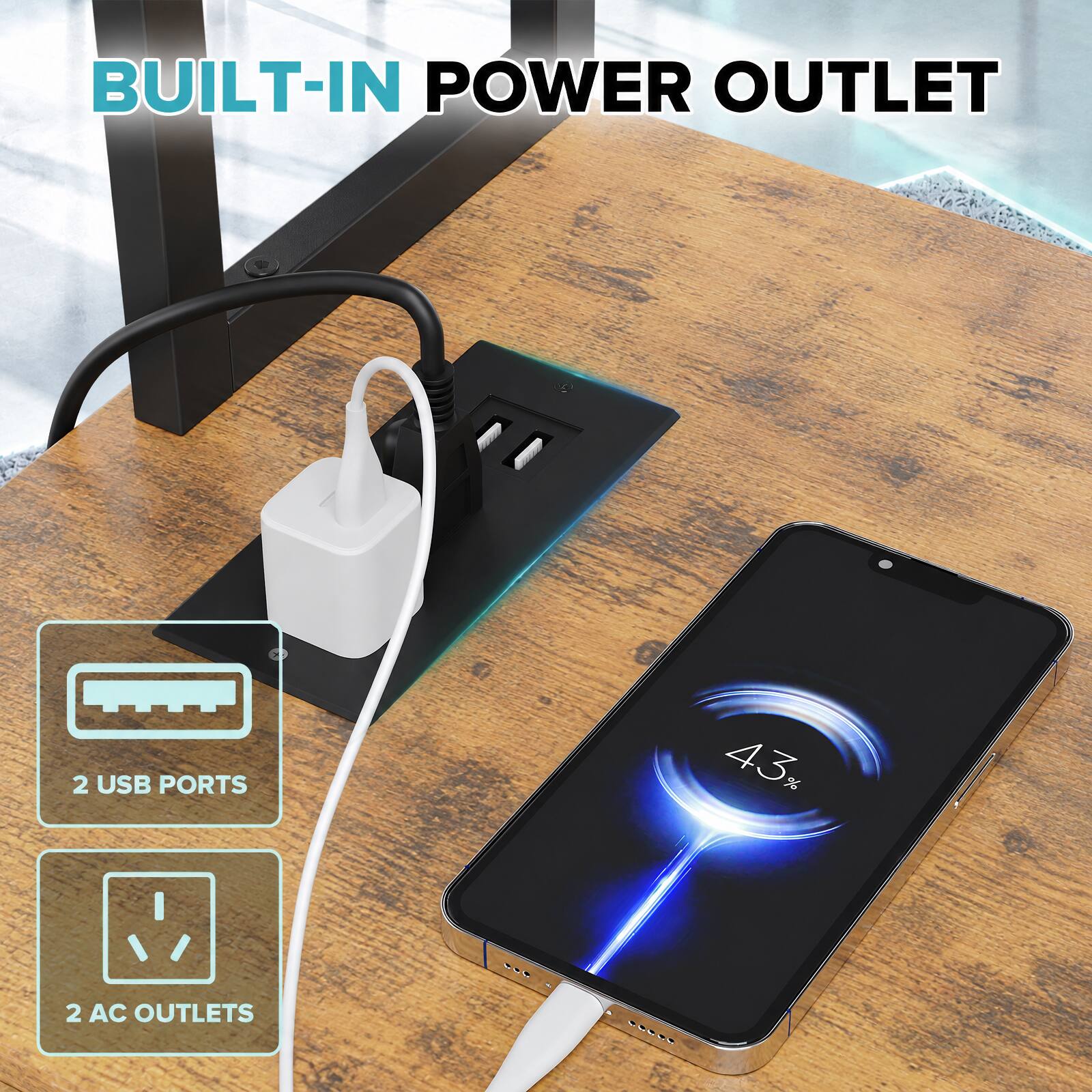 BUILT-IN POWER OUTLET

2 USB PORTS

43%

2 AC OUTLETS