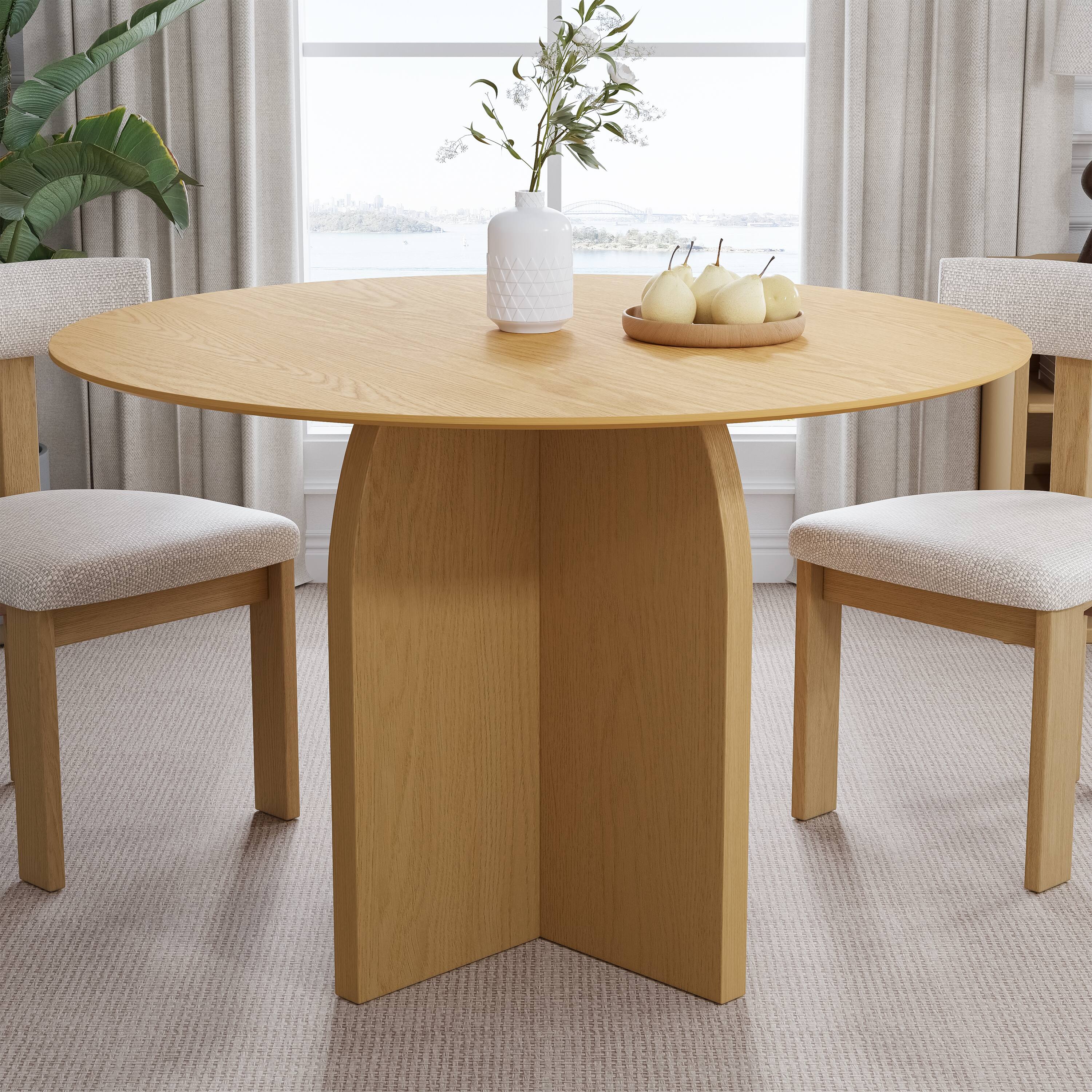 Lirago - 45in. Arched Leg Round Dining Table Natural Finish Solid Wood Timeless Style,Seats 7 People - Beige