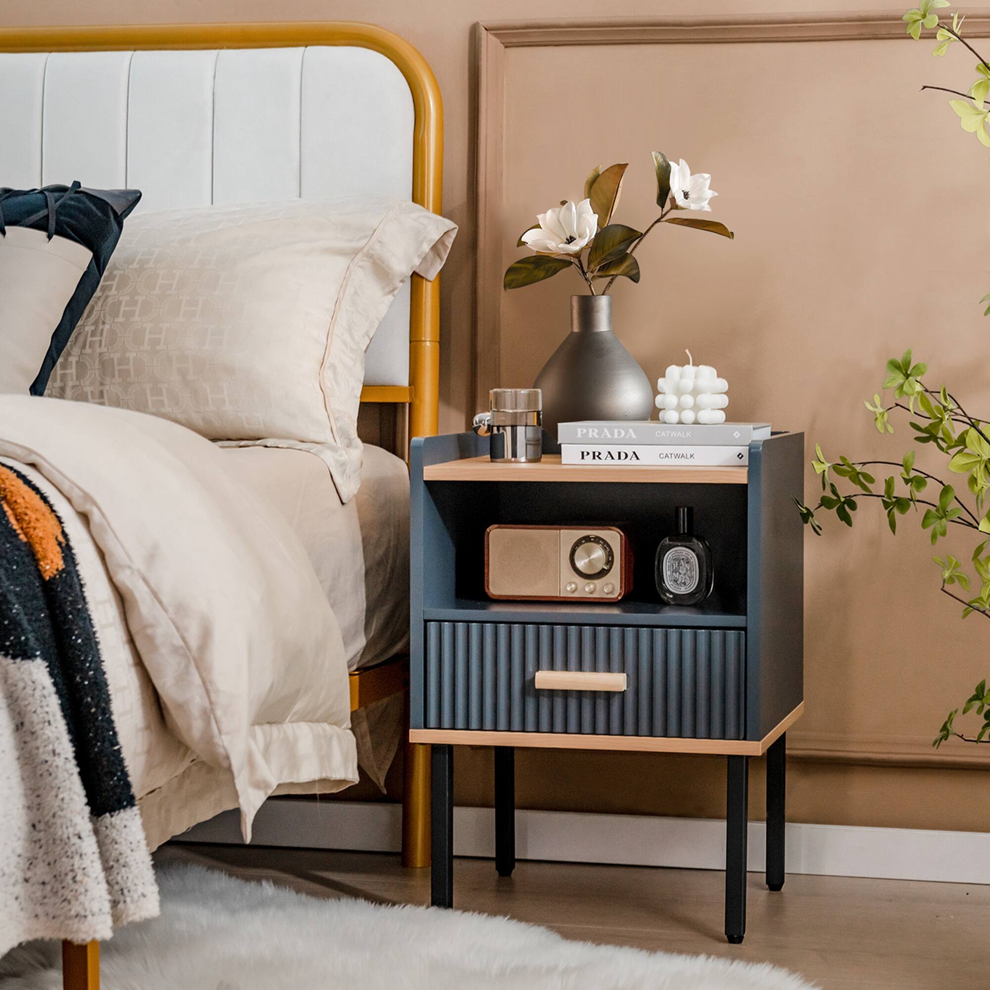 Costway 2 PCS Nightstand Side End Table with Drawer & Open Shelf