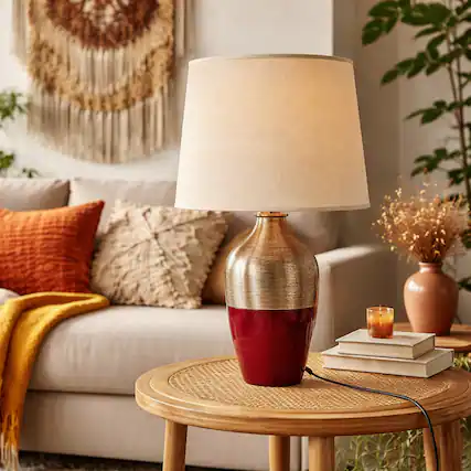 Front. FC Design - 23"H Red Ceramic Vase w/ Metallic Textured Accent Table Lamp.