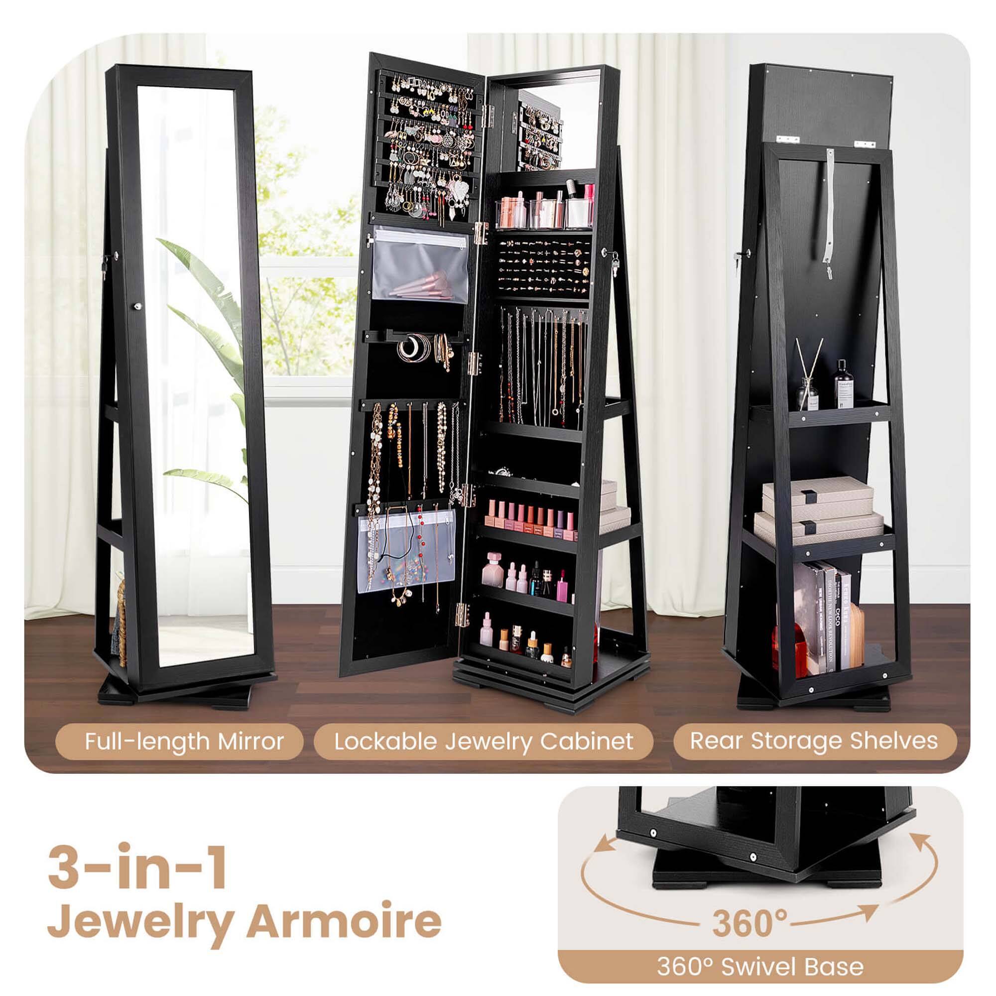 Full-length Mirror Lockable Jewelry Cabinet Rear Storage Shelves 3-in-1 Jewelry Armoire 360 Swivel Base