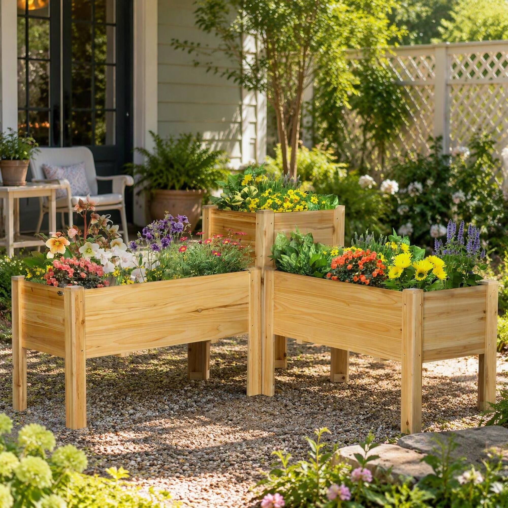 Left. RYHNUYNE - 3-Piece Wooden Raised Garden Bed Set with Legs and Liner for Vegetables Herbs Flowers in Backyard Patio, Natural - Natural Wood.