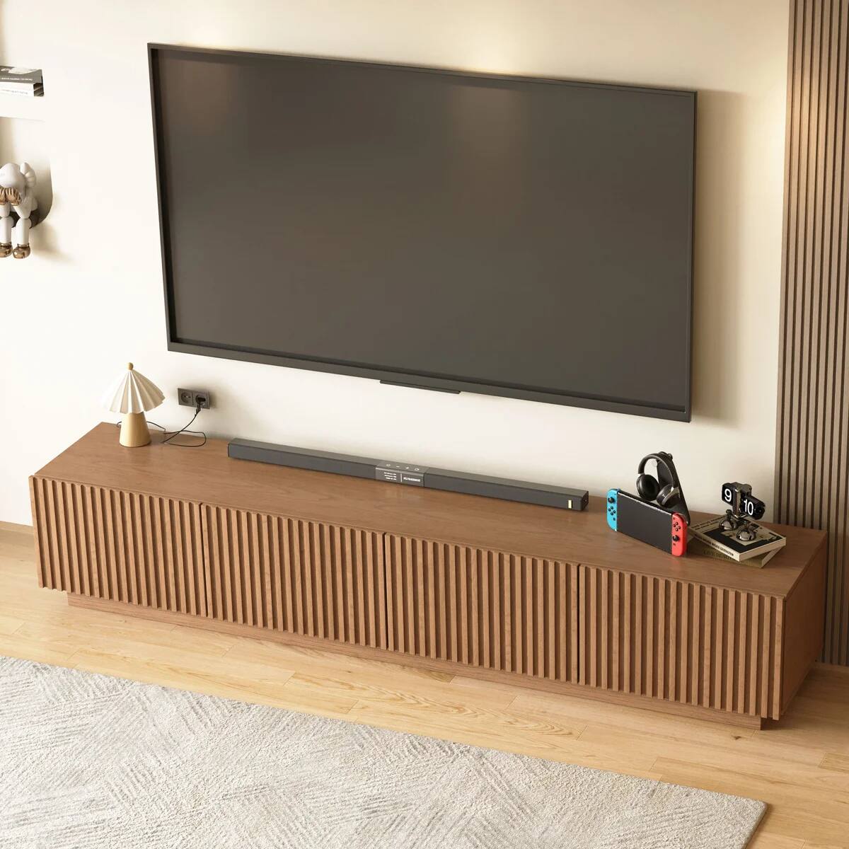 Alt View 2. luck idea - Vertical Fluted Walnut TV Stand, 4-Door Media Console with Removable Shelves & Cable Holes, for TVs up to 100 inch - Brown.