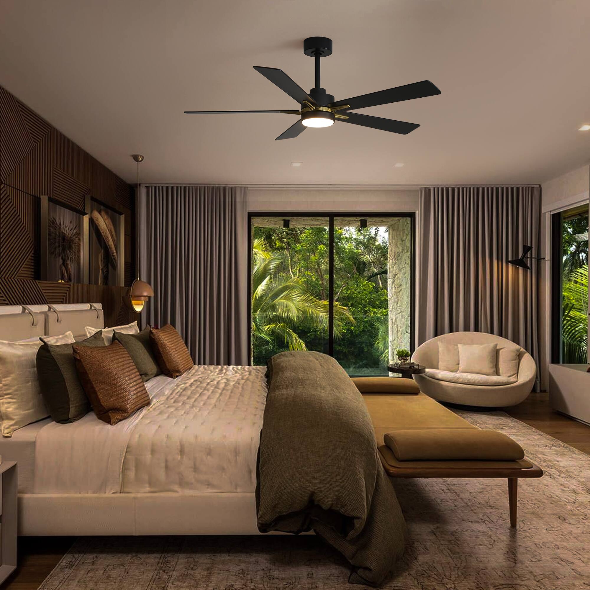 Alt View 7. Breezary - 52-Inch Indoor LED Ceiling Fan with 5 Plywood Blades, DC Motor, 5/10'' Downrods, Remote Control, Reversible, for Bedroom - Gold and Black.