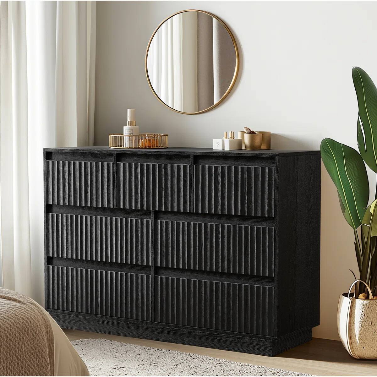 Back. Koligey - 7-Drawer Dresser 47"W Double Dresser With Waveform Fluted Panel - black.