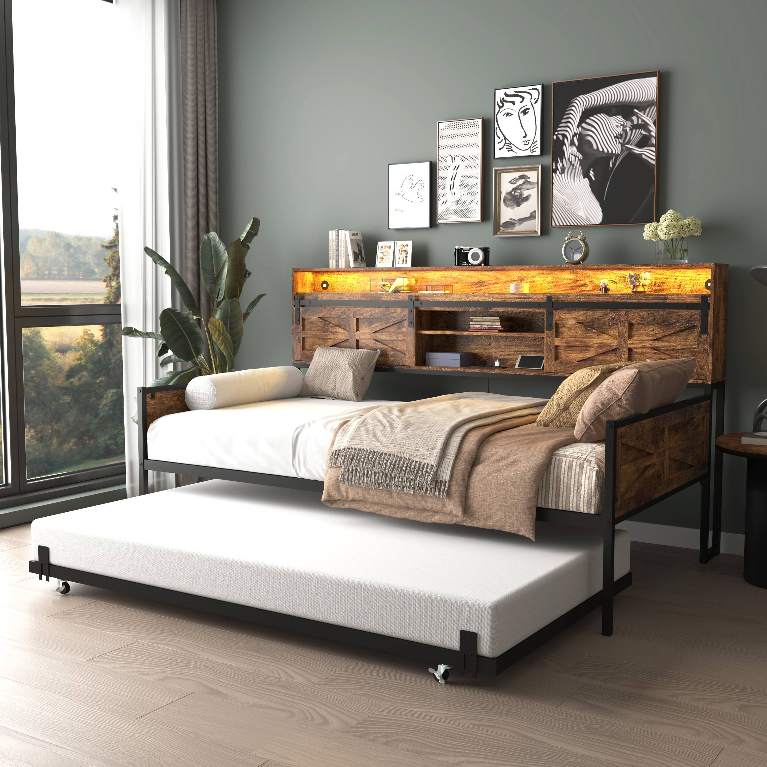 Angle. LUCKY ONE - Farmhouse Twin Daybed with Trundle,Charging Station & LED Light - Black+Brown.