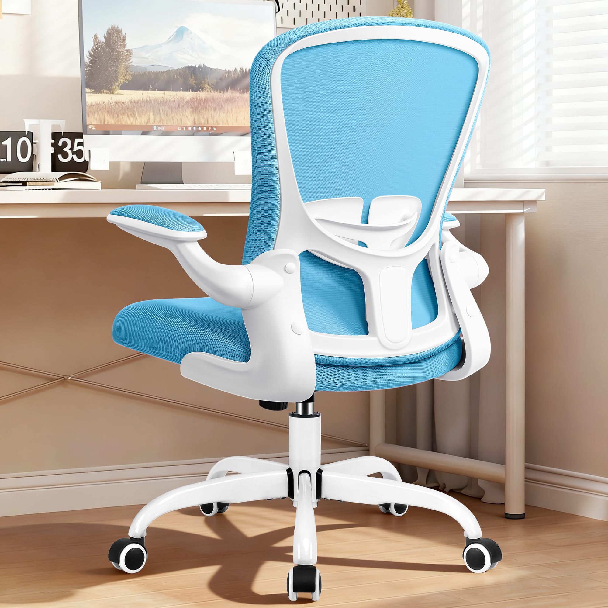 KERDOM - Ergonomic Desk Chair, Swivel Computer Chair with Flip-up Arms, Adjustable Lumbar Support & Height, Breathable Mesh, Tilt - Blue