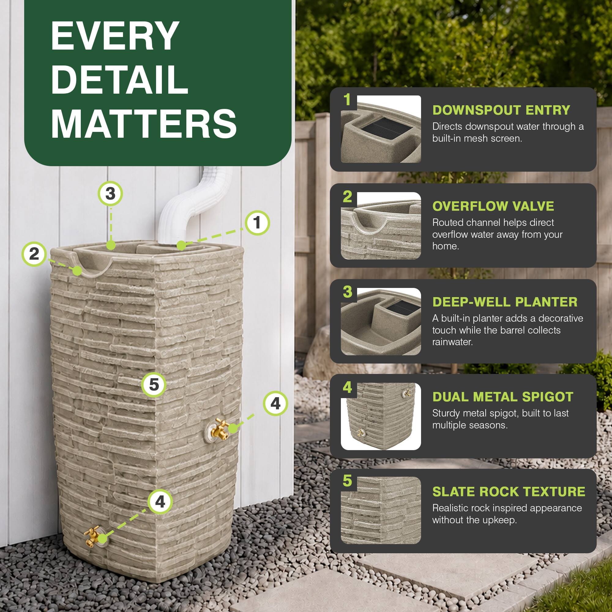 EVERY DETAIL MATTERS

1. DOWNSPOUT ENTRY
   Directs downspout water through a built-in mesh screen.

2. OVERFLOW VALVE
   Routed channel helps direct overflow water away from your home.

3. DEEP-WELL PLANTER
   A built-in planter adds a decorative touch while the barrel collects rainwater.

4. DUAL METAL SPIGOT
   Sturdy metal spigot, built to last multiple seasons.

5. SLATE ROCK TEXTURE
   Realistic rock inspired appearance without the upkeep.