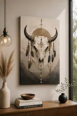FC Design - Large Tribal Bull Skull Feather Canvas Print 24x36"-Ready-to-Hang Canyon Retreat Art Painting Home Wall Décor - MultiColor