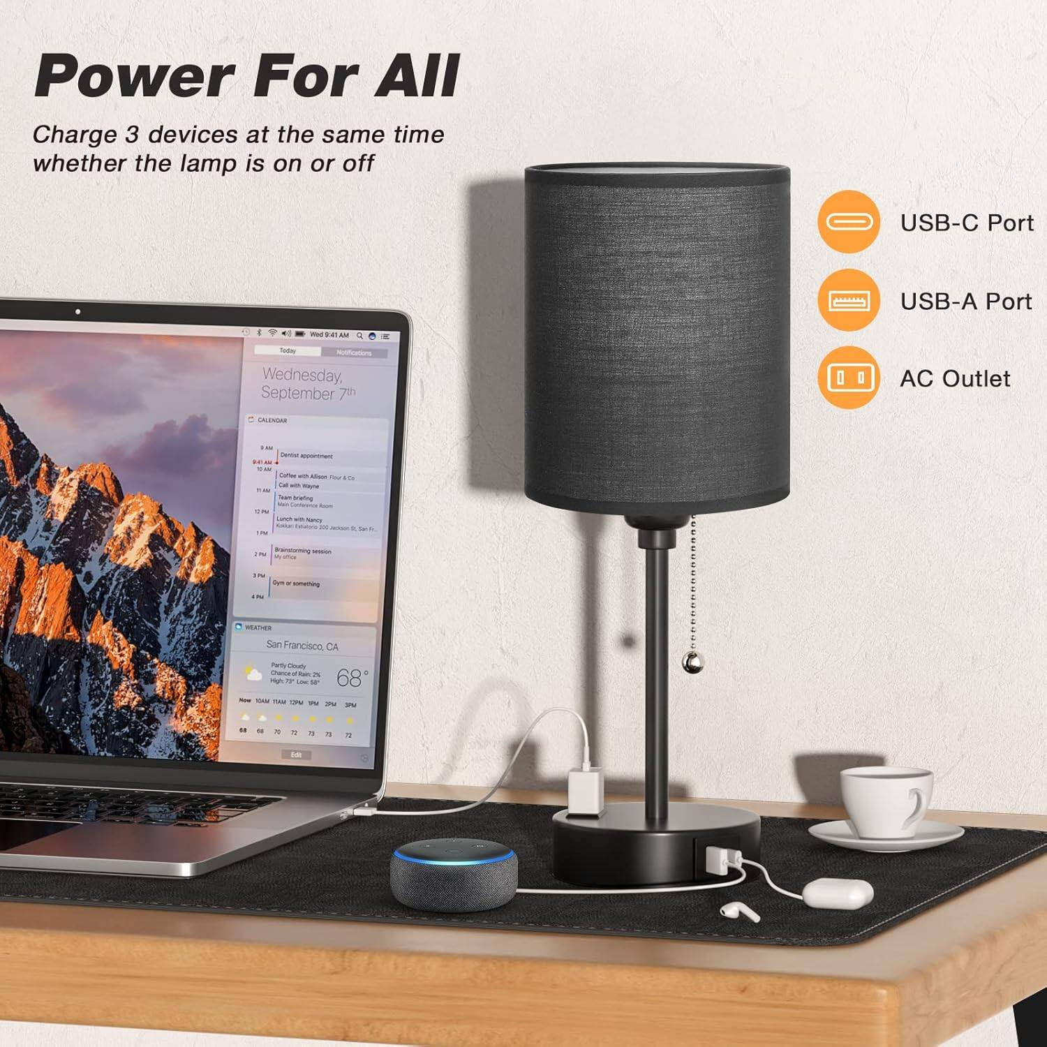Power For All  
Charge 3 devices at the same time whether the lamp is on or off  

USB-C Port  
USB-A Port  
AC Outlet  

Wednesday, September 7th  

San Francisco, CA  
68°F  

- Dentist appointment  
- Call with Nancy  
- Team briefing  
- Call with Nancy  
- Go to the gym  
- Go to the gym  
- Go to the gym  
- Go to the gym  
- Go to the gym  
- Go to the gym  
- Go to the gym  
- Go to the gym  
- Go to the gym  
- Go to the gym  
- Go to the gym  
- Go to the gym  
- Go to the gym  
- Go to the gym  
- Go to the gym  
- Go to the gym  
- Go to the gym  
- Go to the gym  
- Go to the gym  
- Go to the gym  
- Go to the gym  
- Go to the gym  
- Go to the gym  
- Go to the gym  
- Go to the gym  
- Go to the gym  
- Go to the gym  
- Go to the gym  
- Go to the gym  
- Go to the gym  
- Go to the gym  
- Go to the