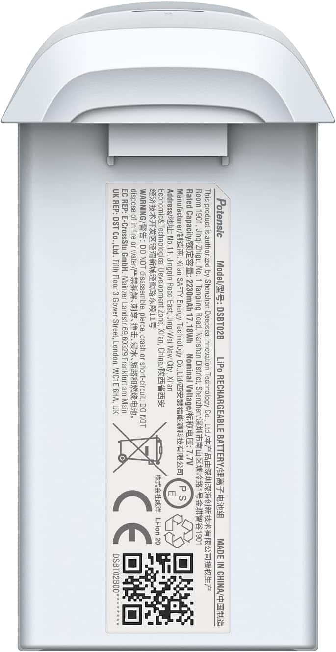 Sure, here is the corrected and grouped text from the image:

---

**Potensic**

**Model:** DSBT02B

**Manufacturer:** Jingqin Co., Ltd.

**Address:** No. 11 Zhigu, Jingqin District, Xi'an, China

**Authorized by:** Jingqin Co., Ltd., Shenzhen, China

**Economic & Technological Development Zone, Xi'an, China**

**Product:** Li-ion Rechargeable Battery

**Capacity:** 2230mAh

**Nominal Voltage:** 7.7V

**Energy:** 17.18Wh

**Warning:** Do not dispose of in fire, water, or short-circuit. Do not disassemble or pierce.

**Made in China**

**CE**

**RoHS**

**E**

**Li-ion Battery**

**DSBT02B00**

**DSBT02B00**

**UK EC**

**This REP:**

**Economic & Technological Development Zone, Xi'an, China**

**Address:** No. 11 Zhigu, Jingqin District, Xi'an, China

**Manufacturer:** Jingqin Co., Ltd.

**Authorized by:** Jingqin Co., Ltd., Shenzhen, China

**Product:** Li-ion Rechargeable Battery

**Capacity:** 2230mAh

**Nominal Voltage:** 7.7V

**Energy:** 17.18Wh

**Warning:** Do not dispose of in fire, water, or short-circuit. Do not disassemble or pierce.

**Made in China**

**CE**

**RoHS**

**E**

**Li-ion Battery**

**DSBT02B00**

**DSBT02B00**

---

This text has been grouped and corrected for clarity.