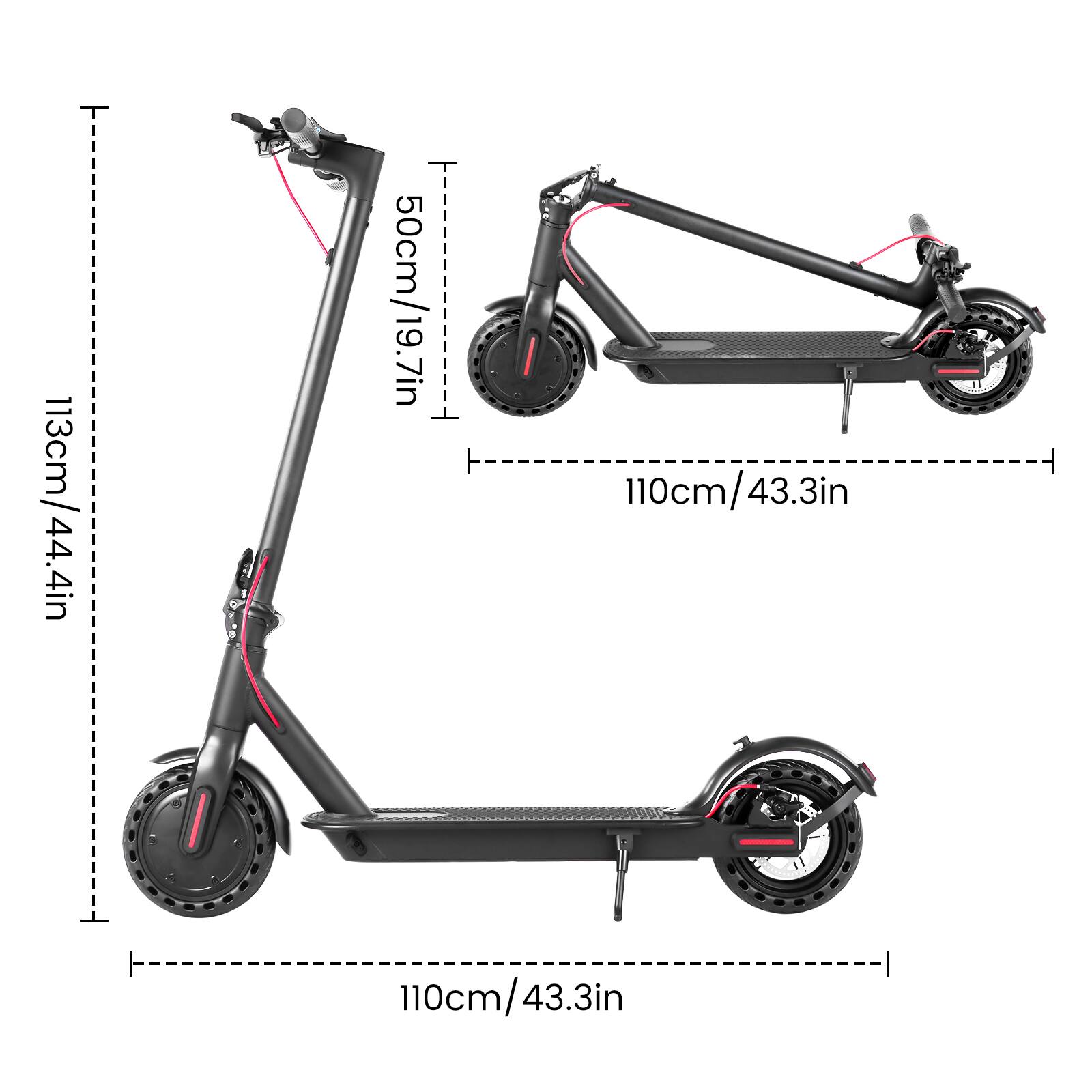 - Height: 113 cm / 44.4 in
- Width: 110 cm / 43.3 in
- Wheel Diameter: 50 cm / 19.7 in