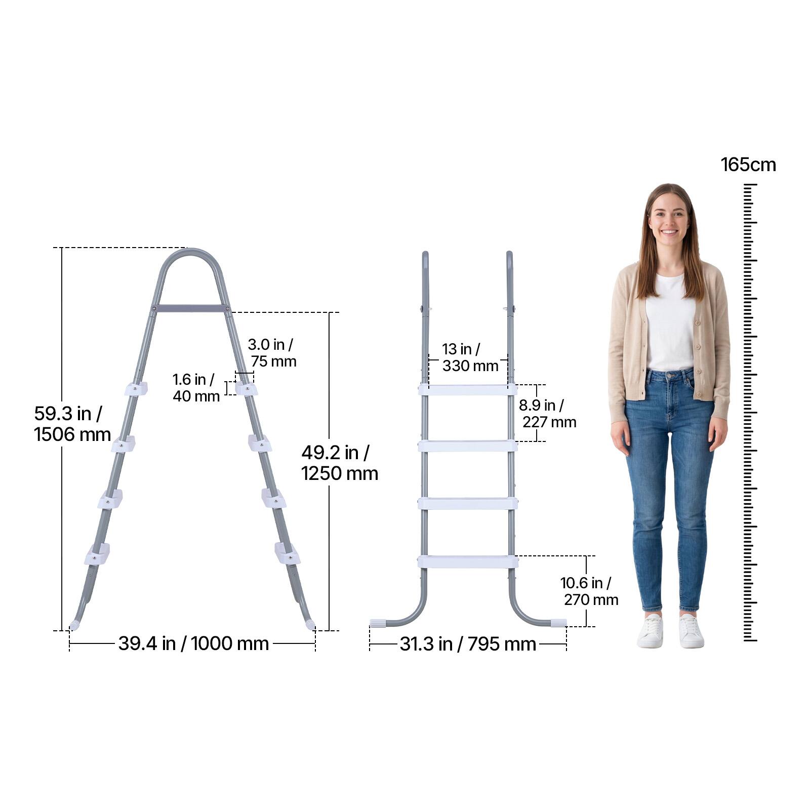165cm  
59.3 in / 1506 mm  
1.6 in / 40 mm  
3.0 in / 75 mm  
49.2 in / 1250 mm  
13 in / 330 mm  
8.9 in / 227 mm  
10.6 in / 270 mm  
39.4 in / 1000 mm  
31.3 in / 795 mm