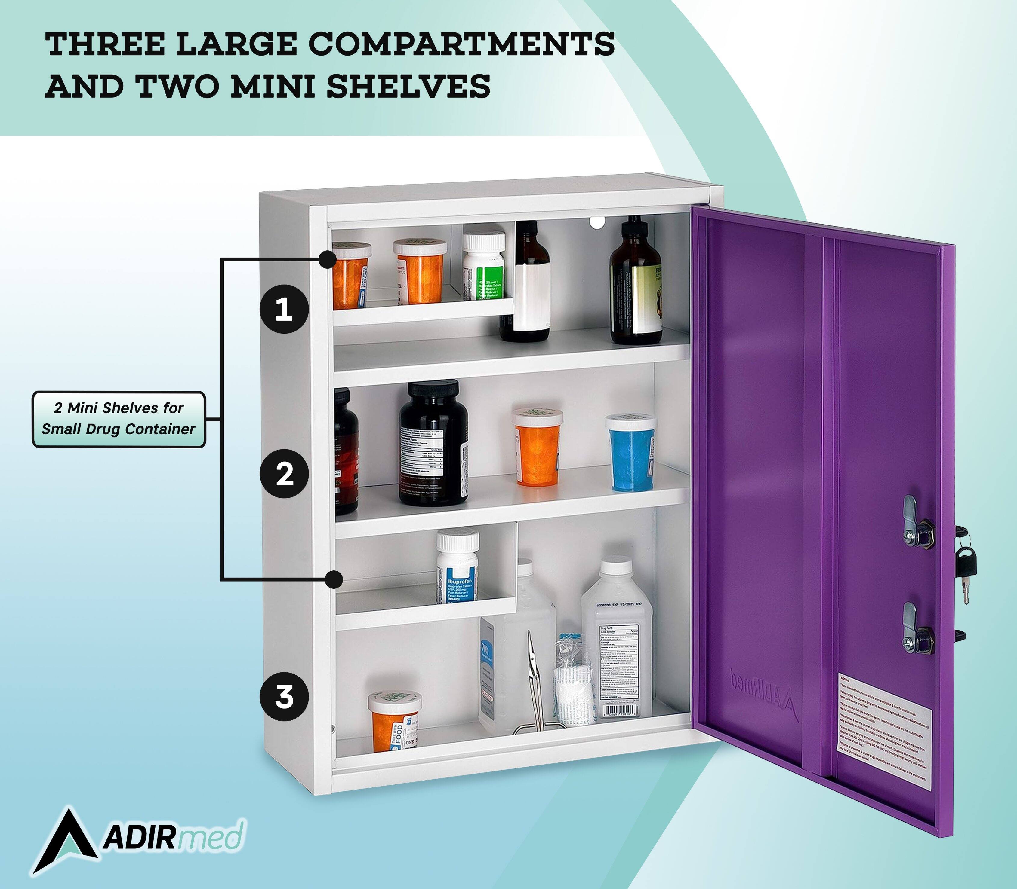 THREE LARGE COMPARTMENTS AND TWO MINI SHELVES
1 2 Mini Shelves for Small Drug Container
3 ADIRmed